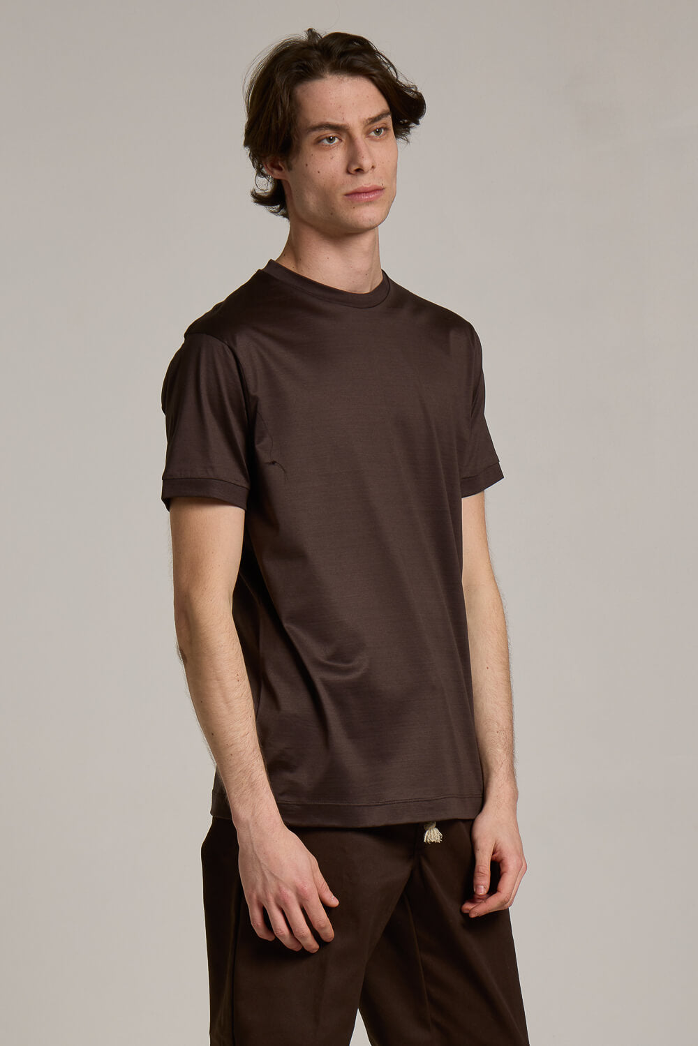Mercerised Italian Cotton Round Neck T-Shirt Dark Brown