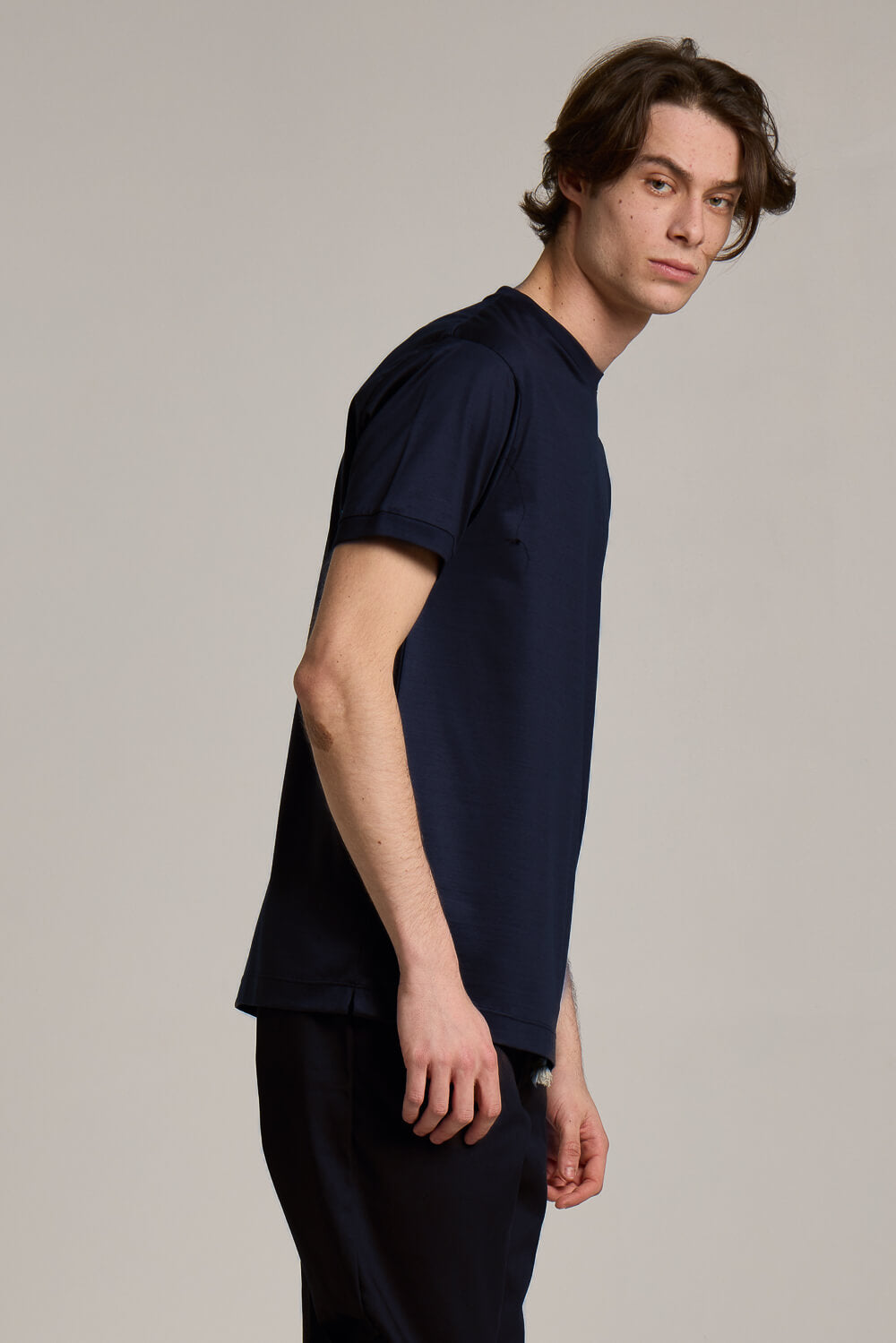 Mercerised Italian Cotton Round Neck T-Shirt Navy