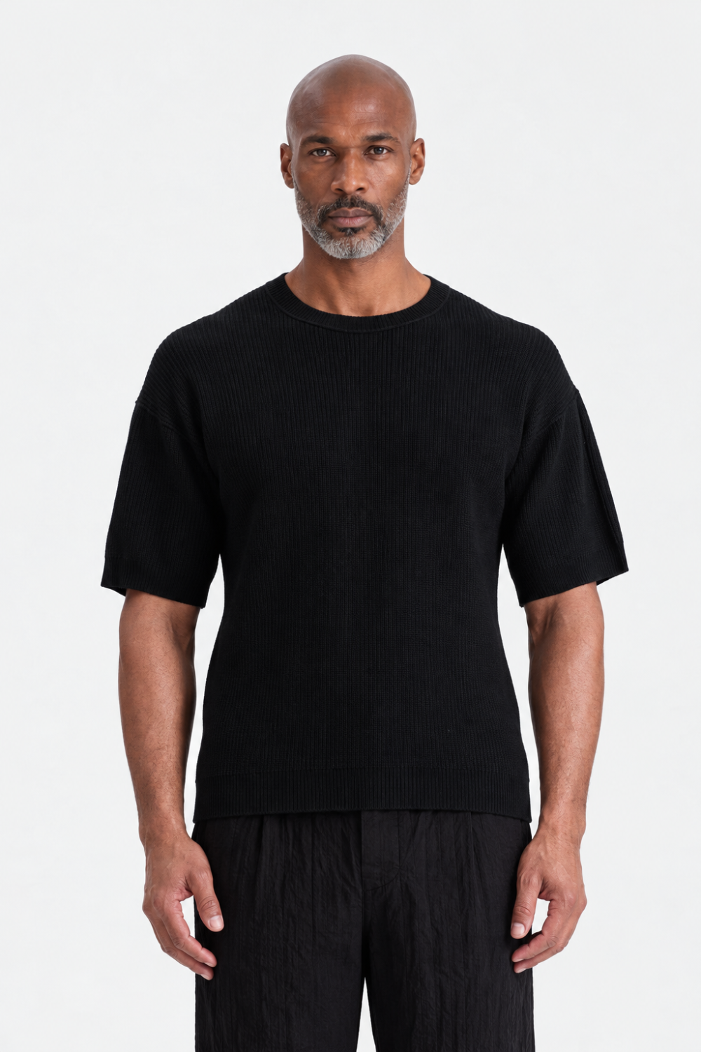 Virgin Wool Ribbed Round Neck T-Shirt W/ Neck Stitch Detail Black