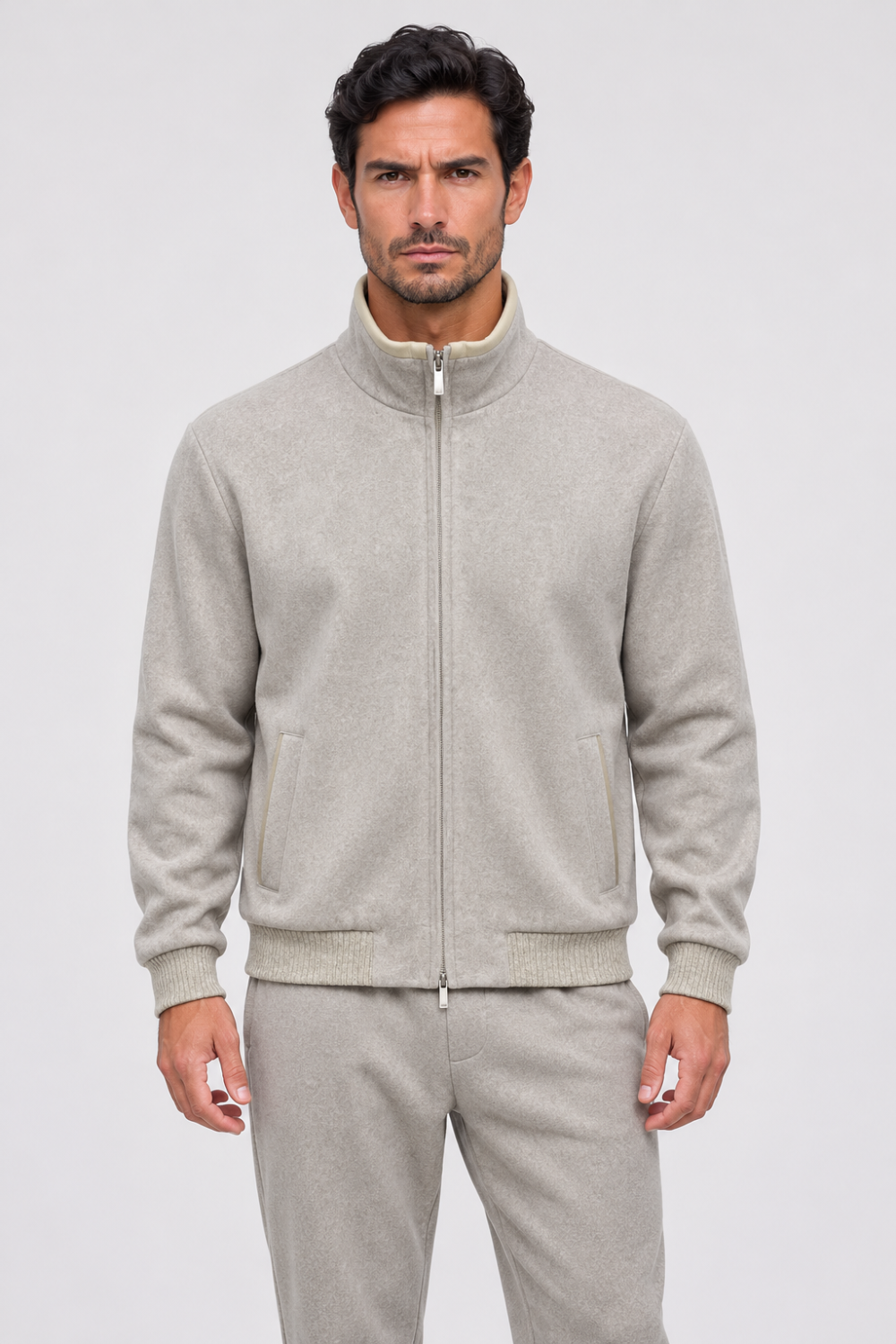 Ultrafine Italian Lana Wool Zip-Up Bomber Jacket W/ Corduroy Cuffs Beige