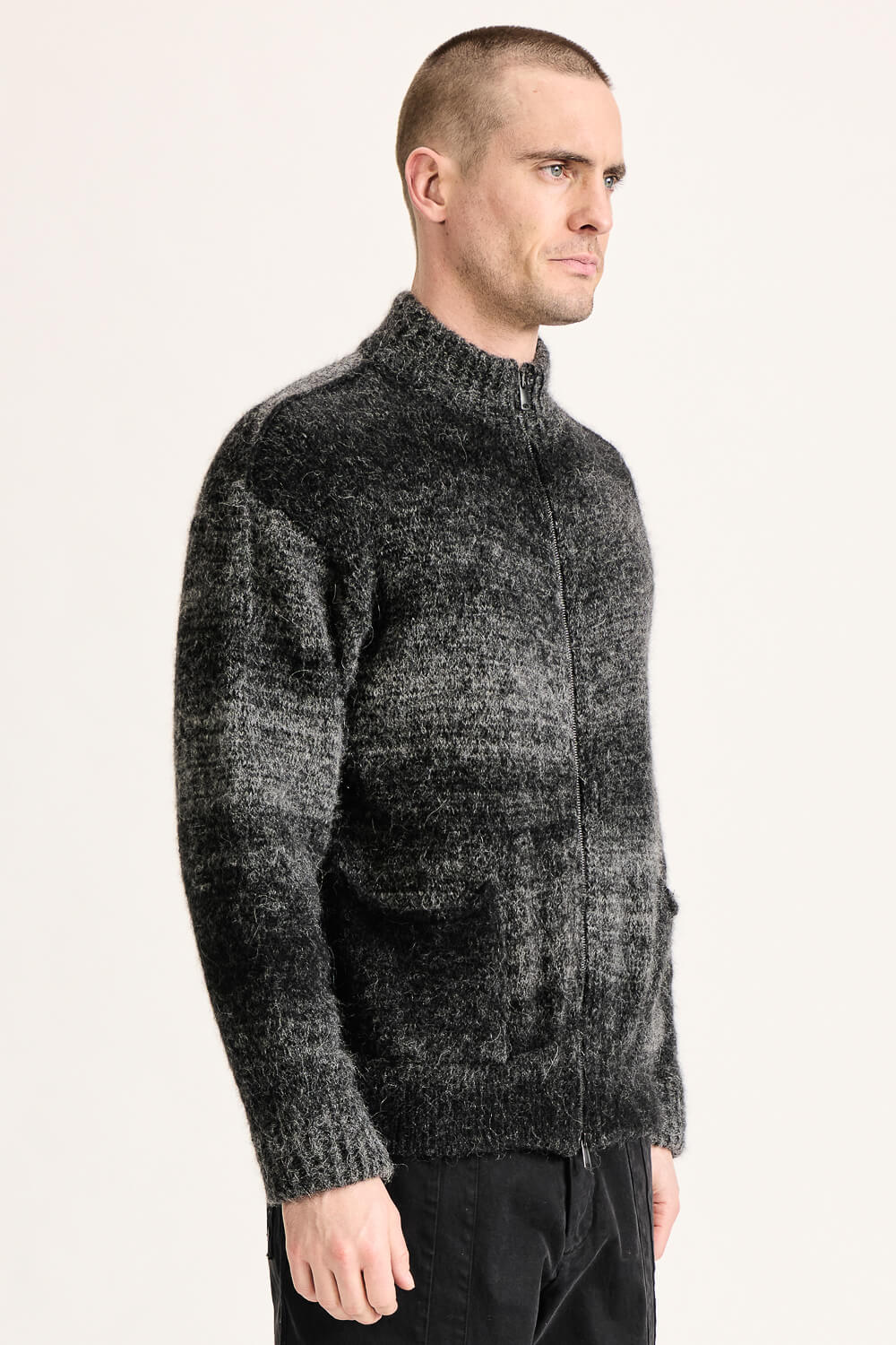 Mohair Fade Effect Zip-Up Knitted Sweater Black/White