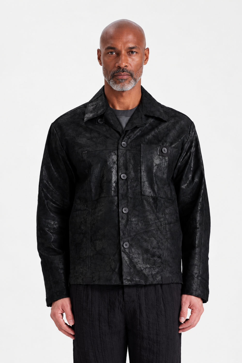 Marbled Lambskin Overshirt W/ Boiled Wool Interior Black