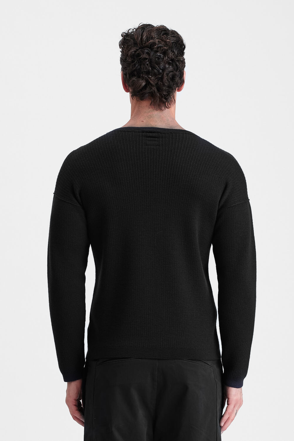 Neck Stitch Detail Ribbed Jumper in Virgin Wool Black