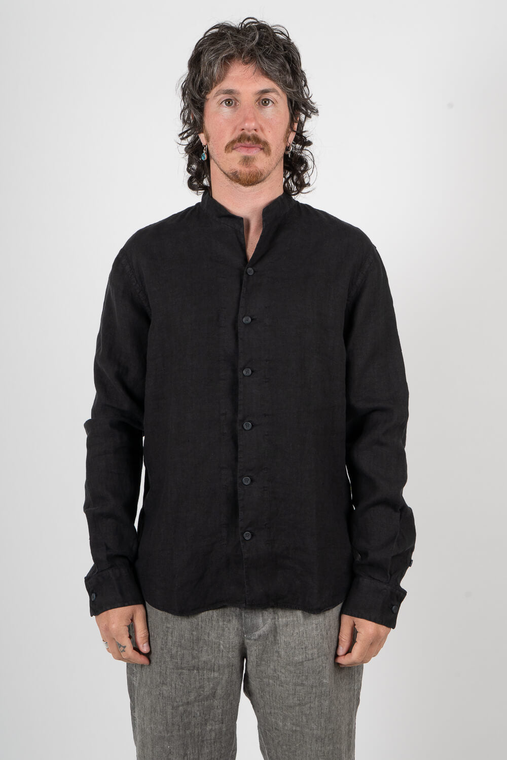 Open Collar Linen Shirt Black