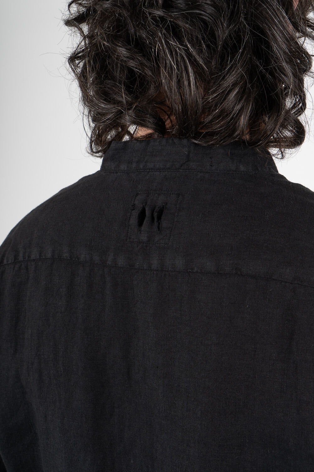 Open Collar Linen Shirt Black