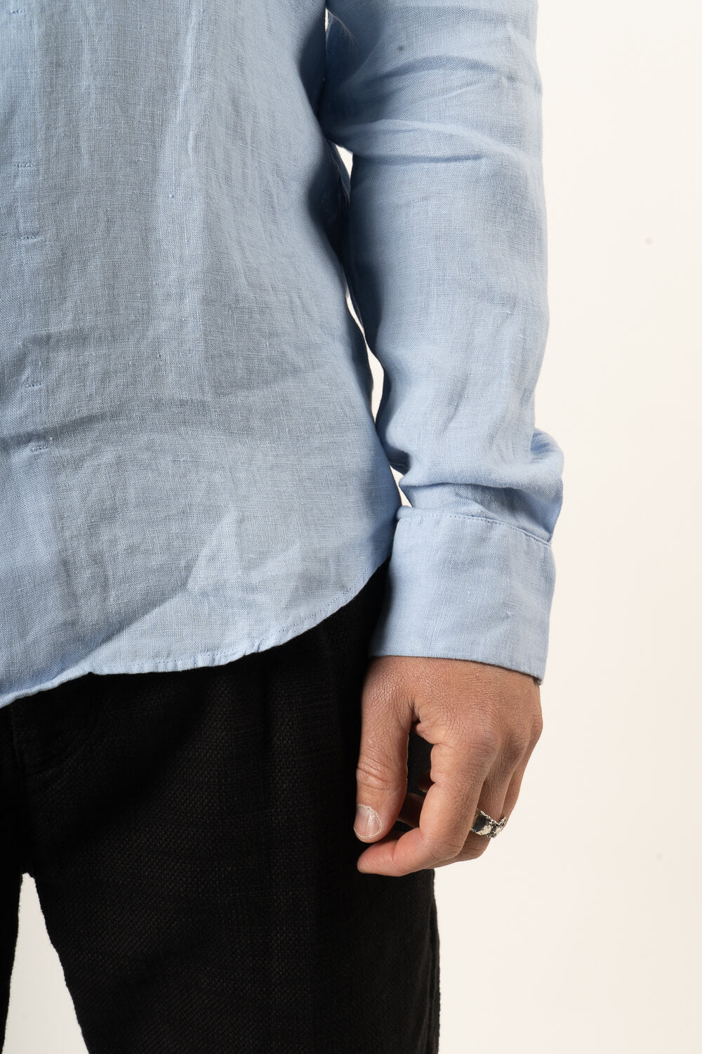 Open Collar Linen Shirt Blue
