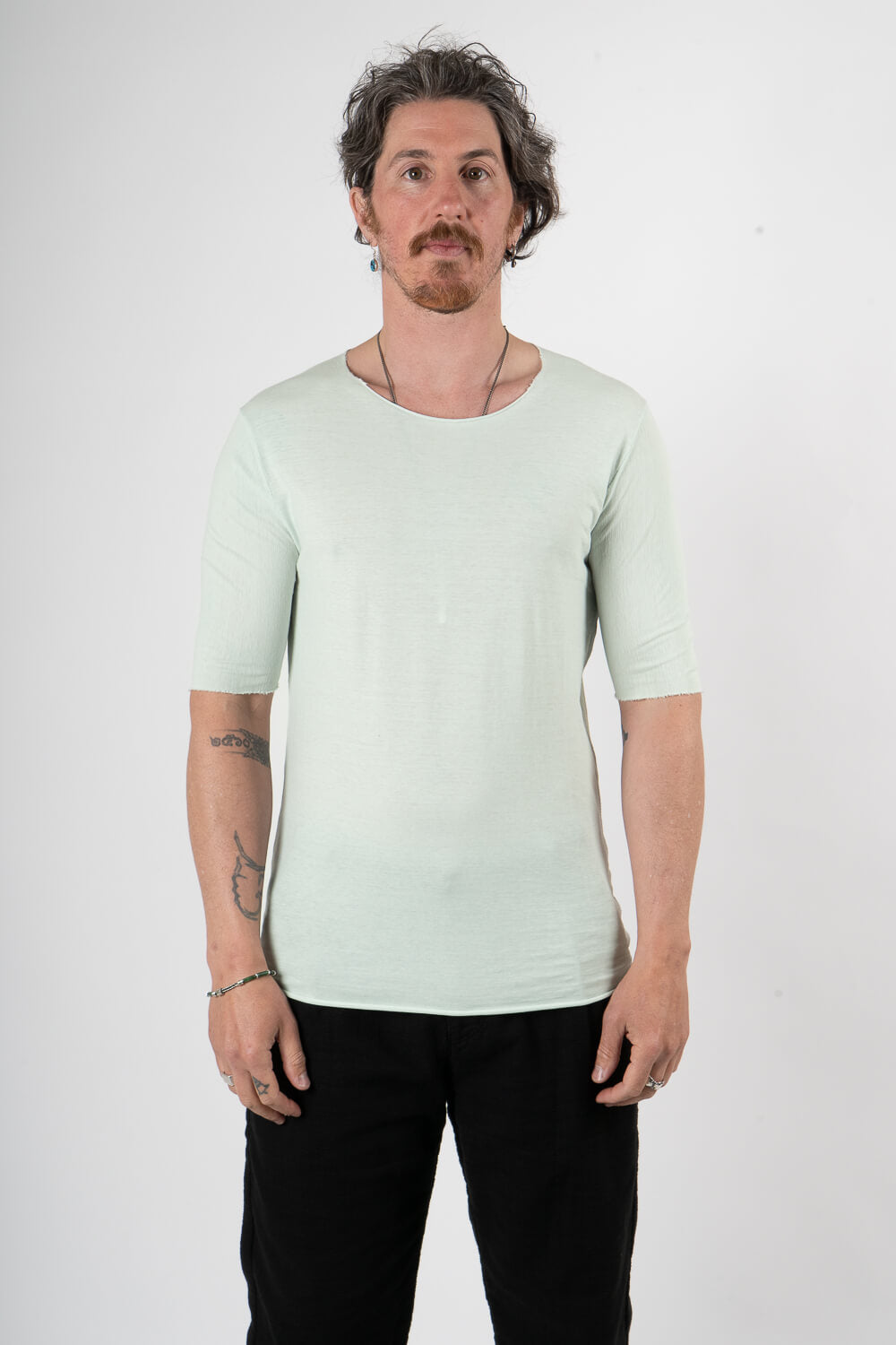 Open Collar Raw Neck T-Shirt Matcha