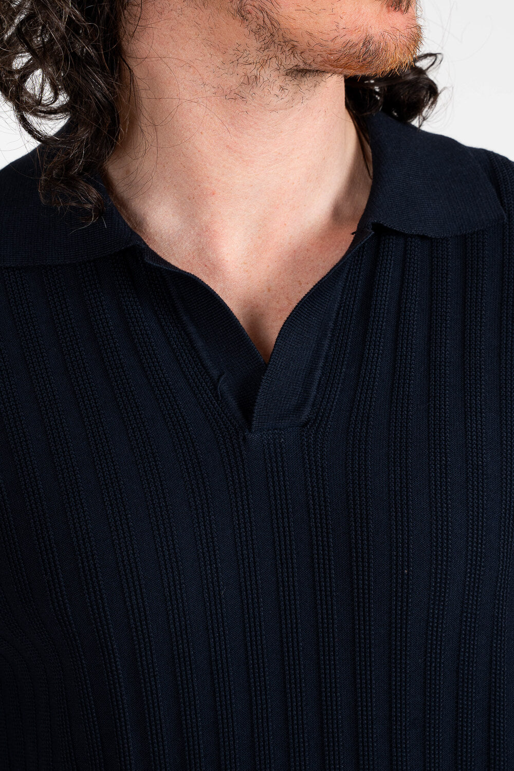 Open Collar Ribbed T-Shirt Navy