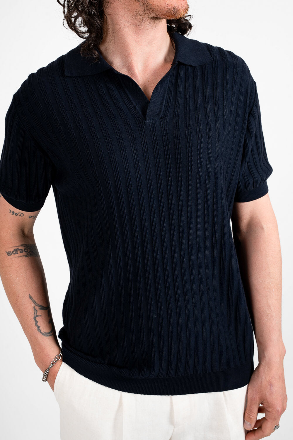 Open Collar Ribbed T-Shirt Navy