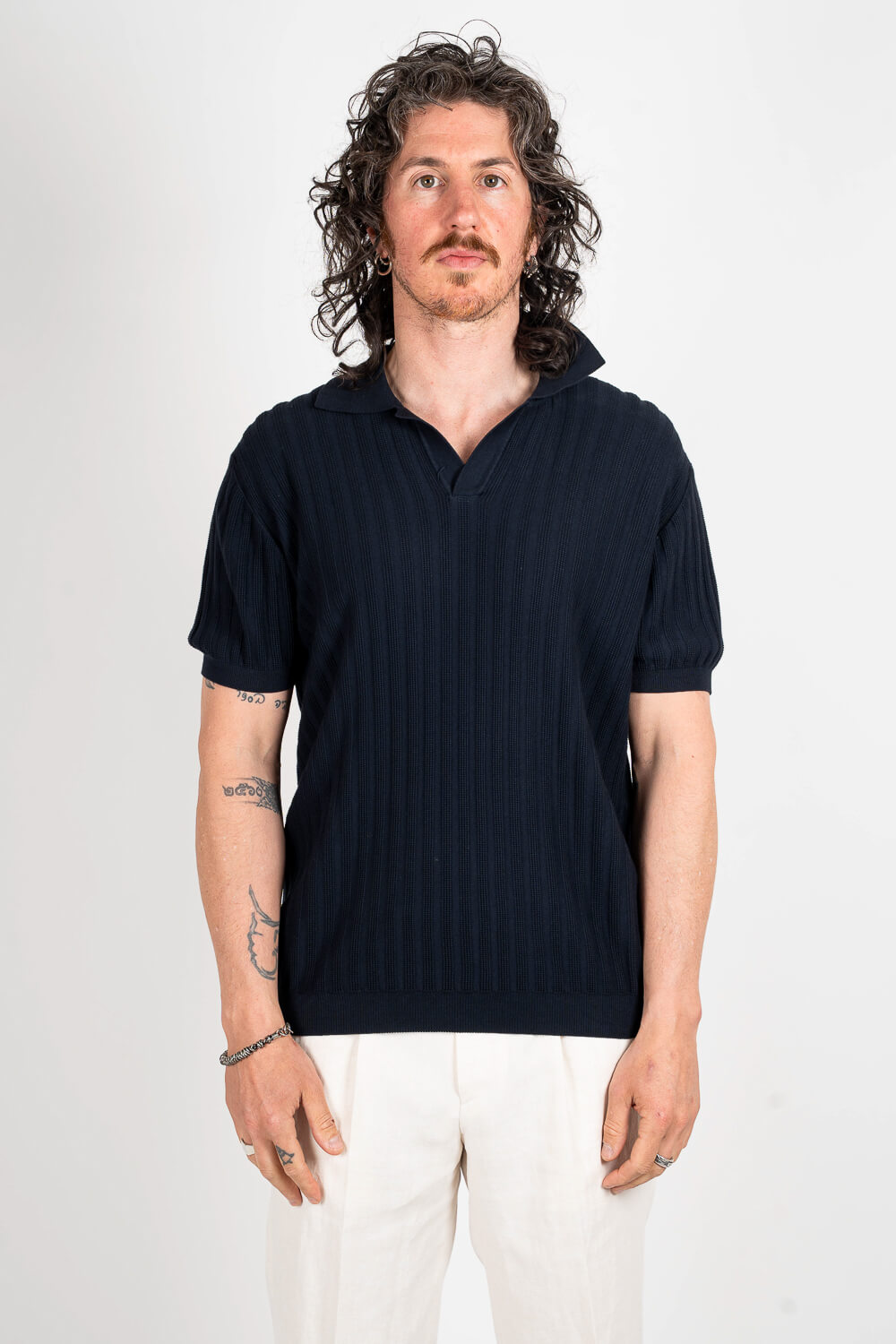 Open Collar Ribbed T-Shirt Navy