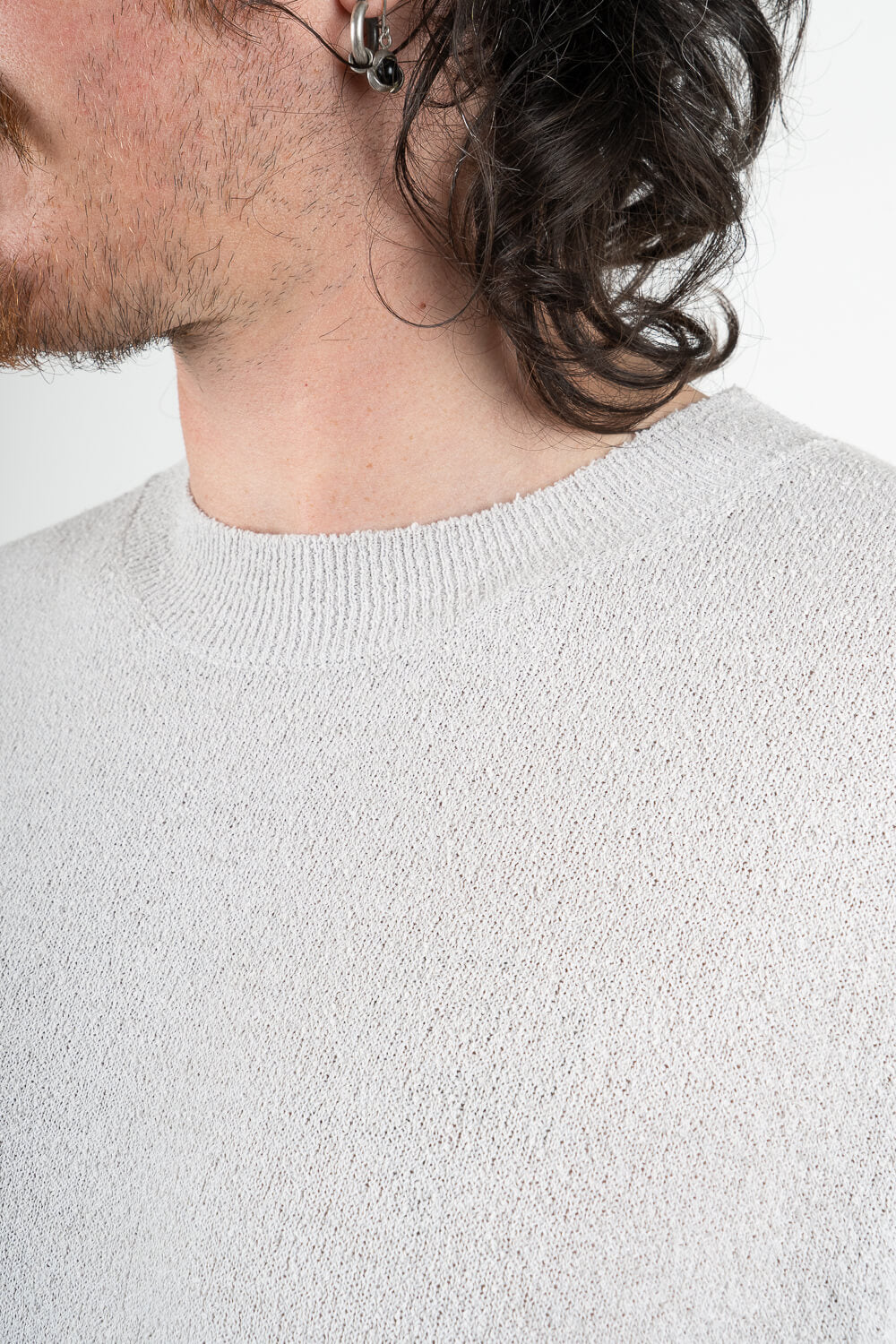 Organic Textured Cotton Mock Neck T-Shirt Light Grey