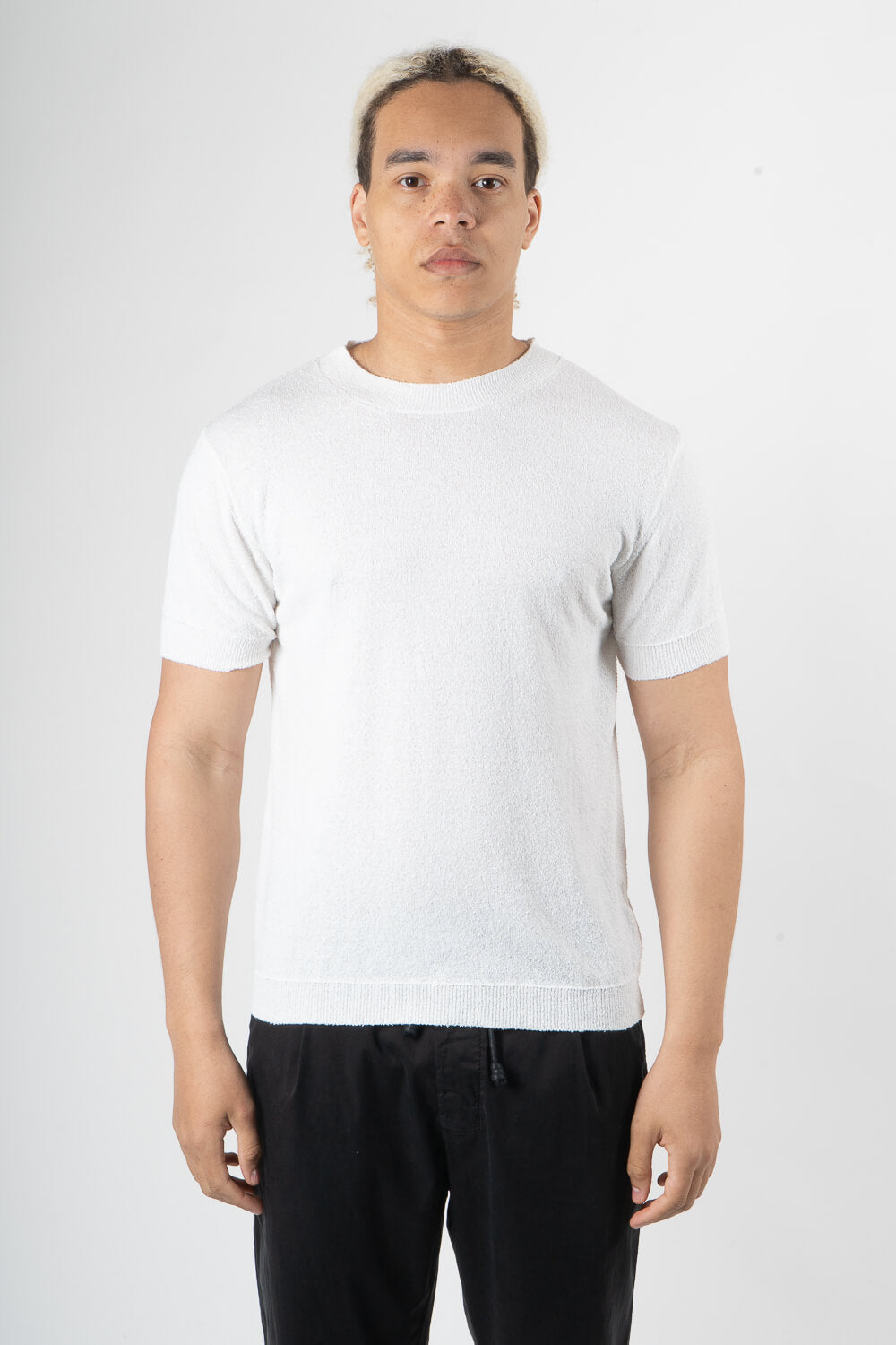 Organic Textured Cotton Mock Neck T-Shirt White