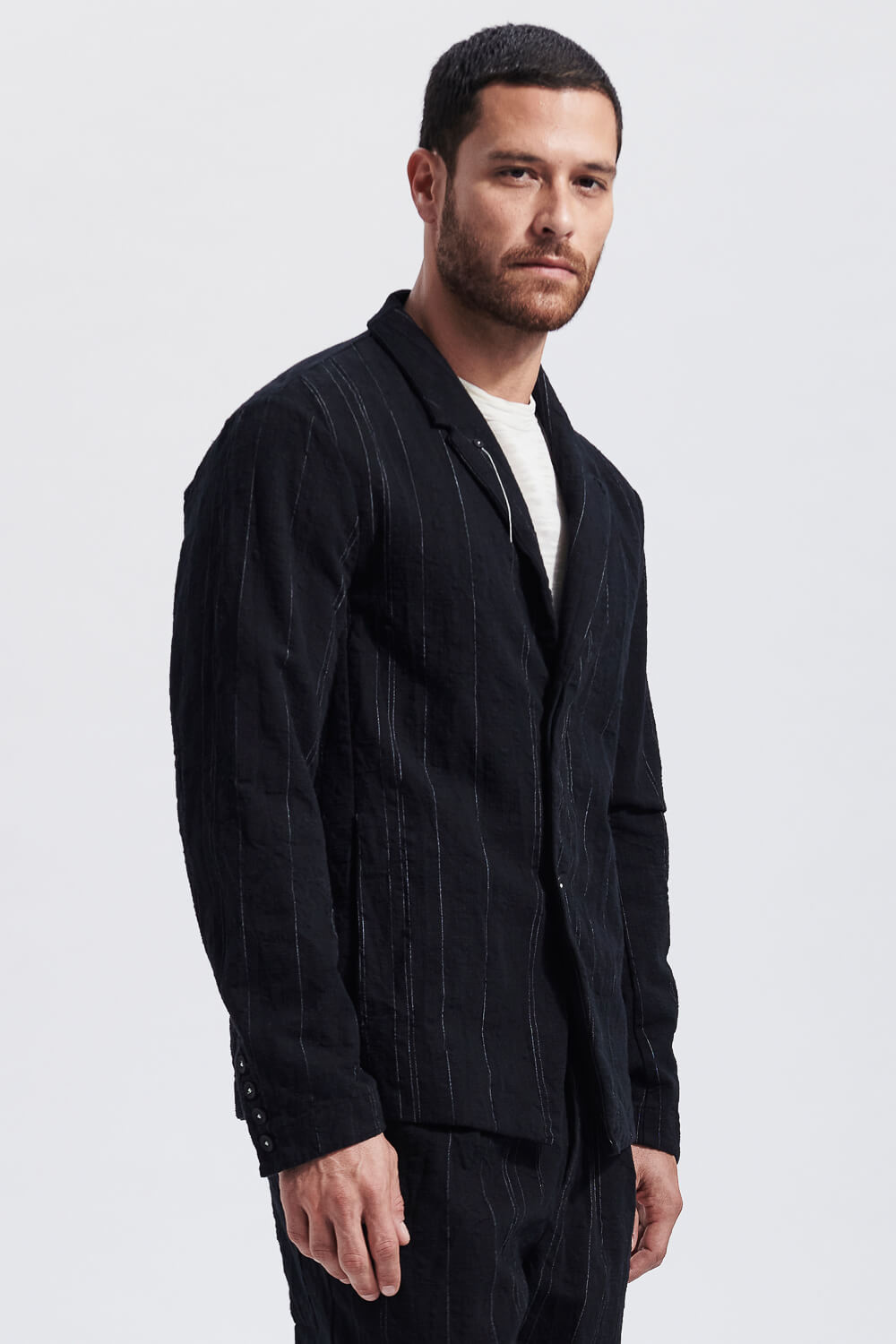 Pinstripes Textured Cotton Blazer Black
