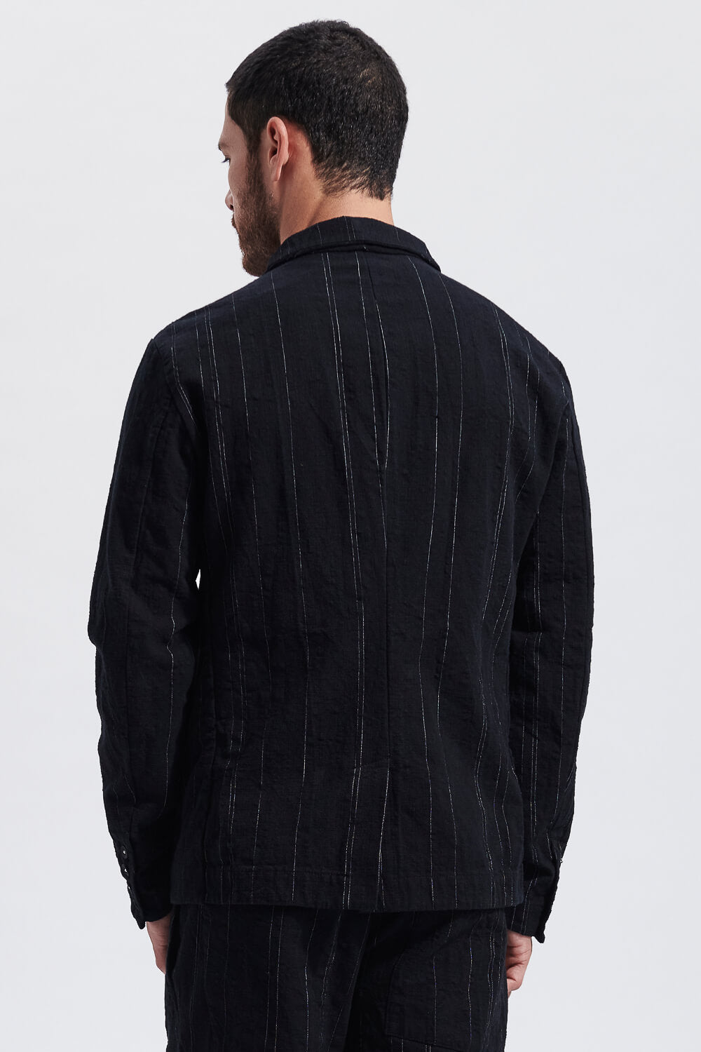 Pinstripes Textured Cotton Blazer Black