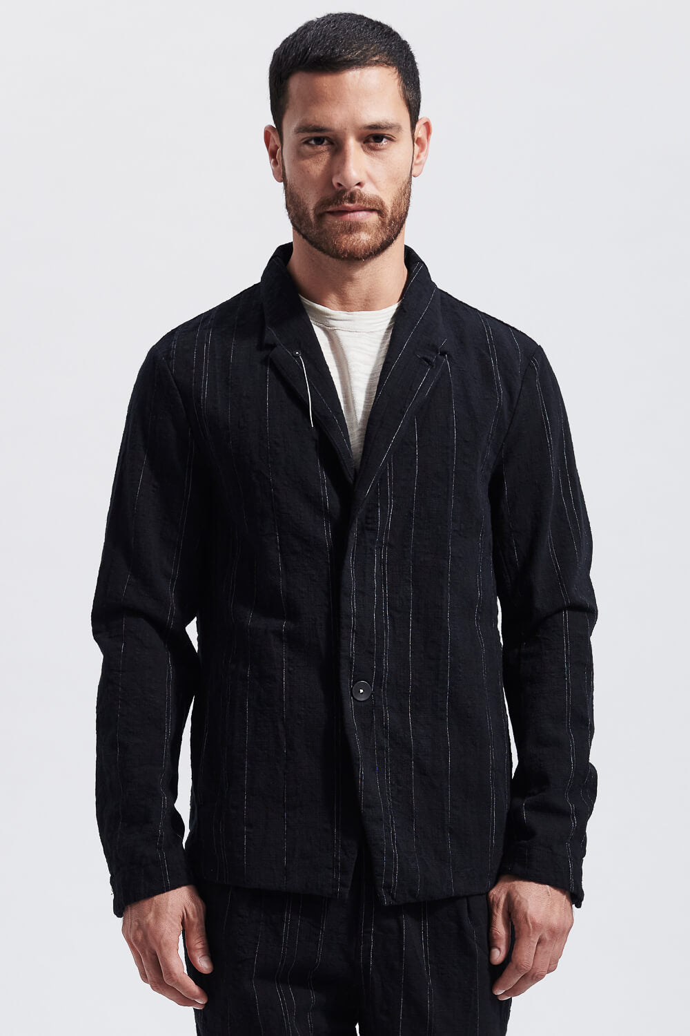 Pinstripes Textured Cotton Blazer Black