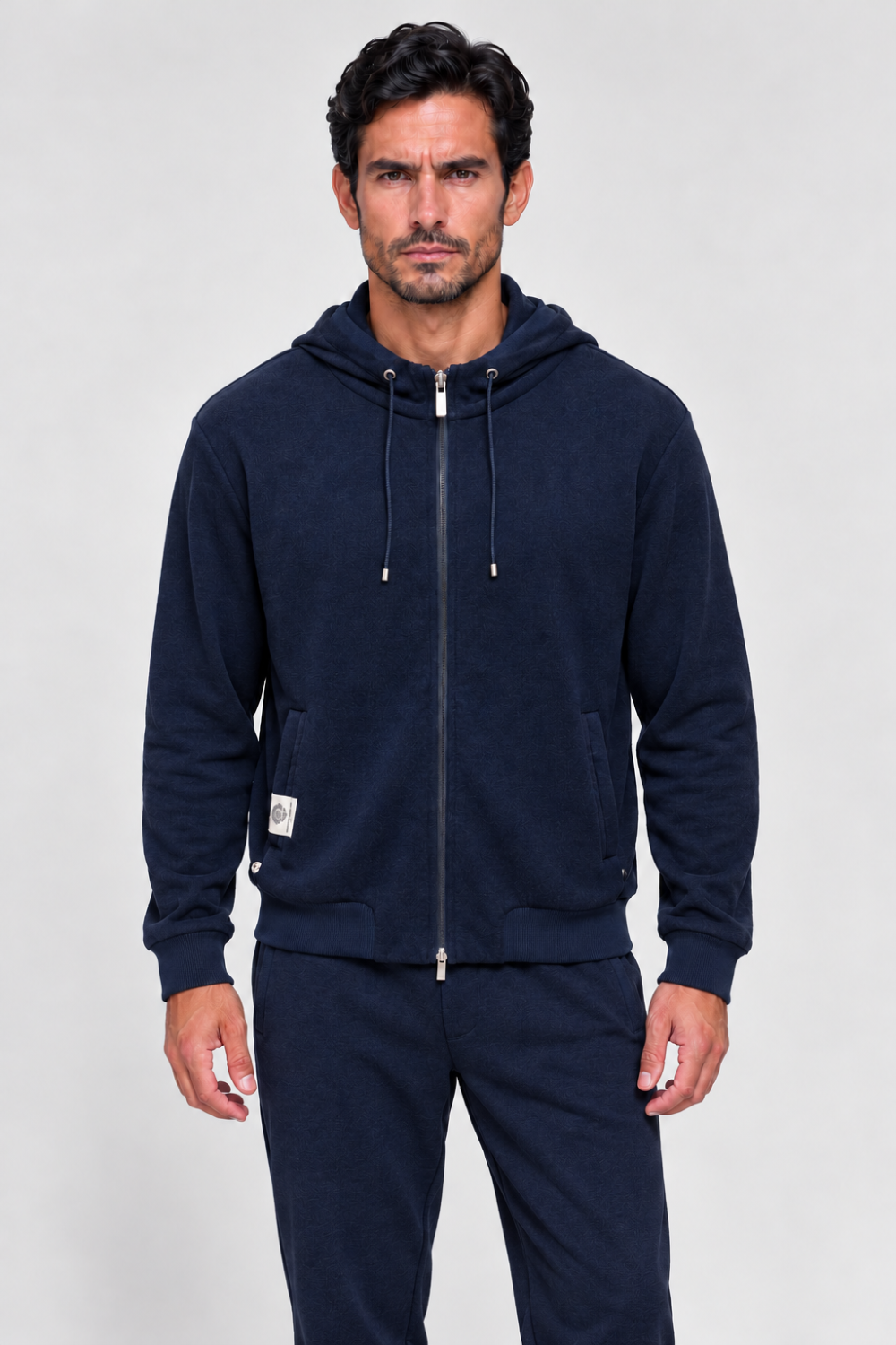Italian Wool/Modal Full Zip-Up Hoodie W/ Corduroy Ribbed Cuffs Navy