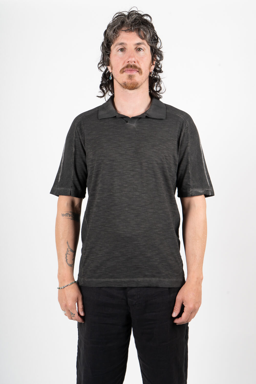Cotton/Linen Cold-Dye Effect Inserts Polo Charcoal