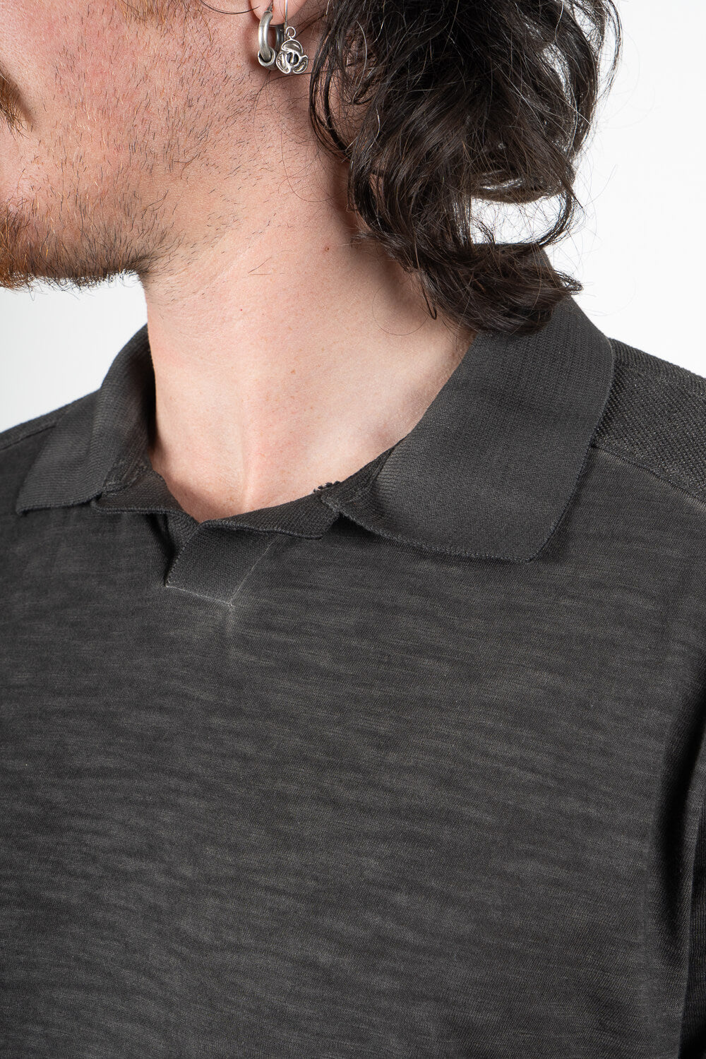 Cotton/Linen Cold-Dye Effect Inserts Polo Charcoal