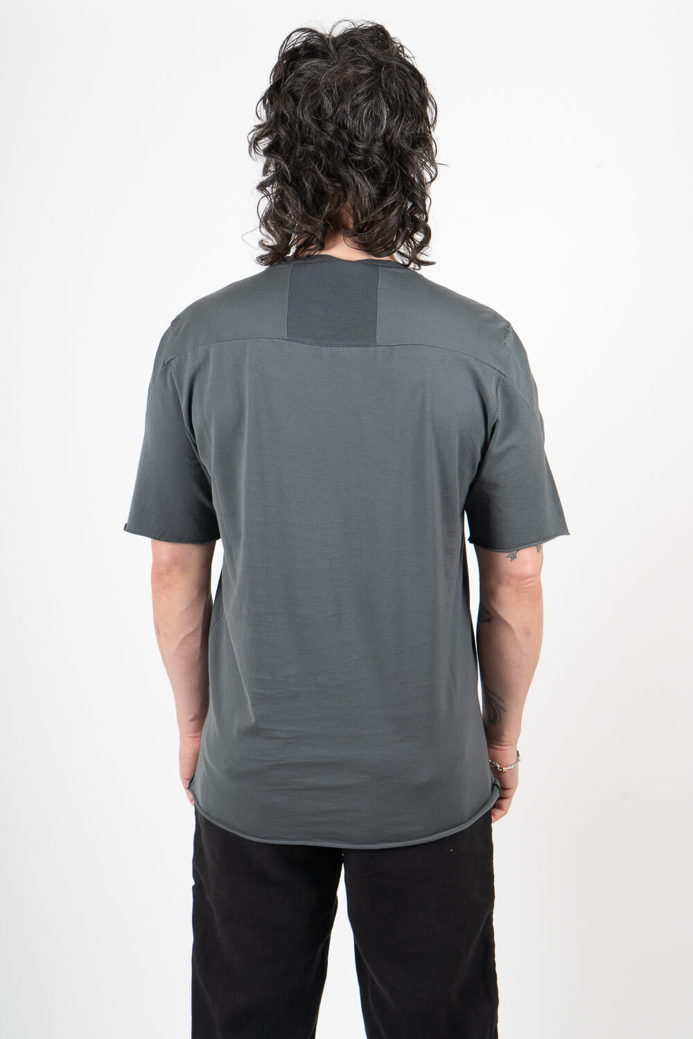 Raw-Cut Hems Cotton Jersey T-Shirt W/ Knitted Inserts Dark Grey