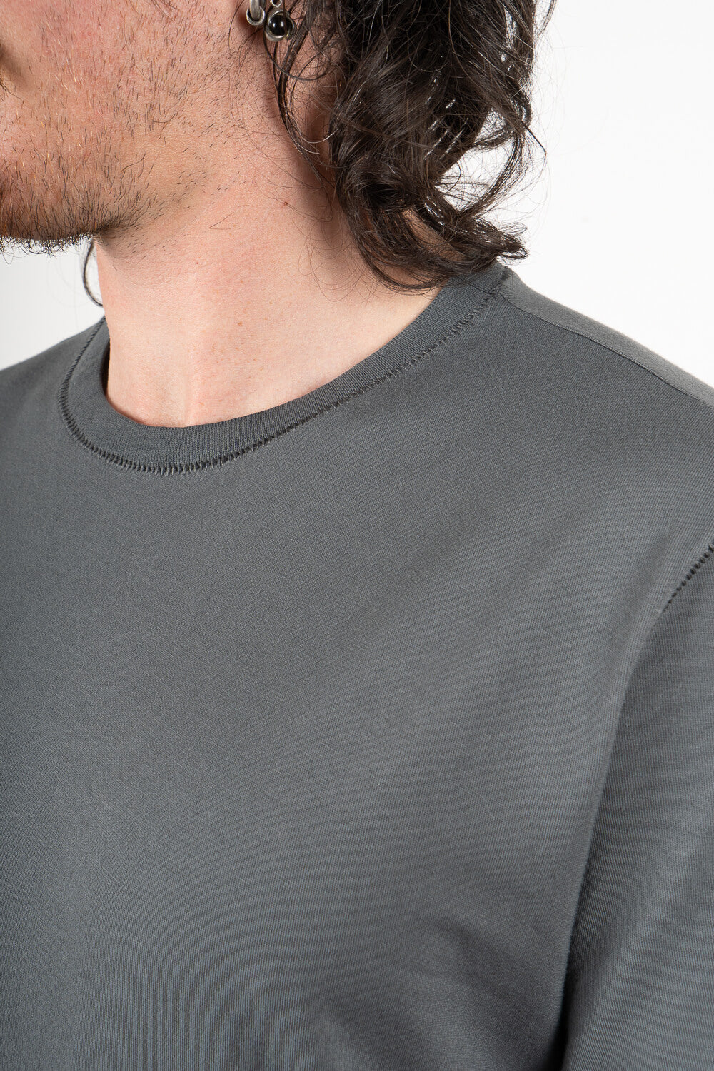 Raw-Cut Hems Cotton Jersey T-Shirt W/ Knitted Inserts Dark Grey