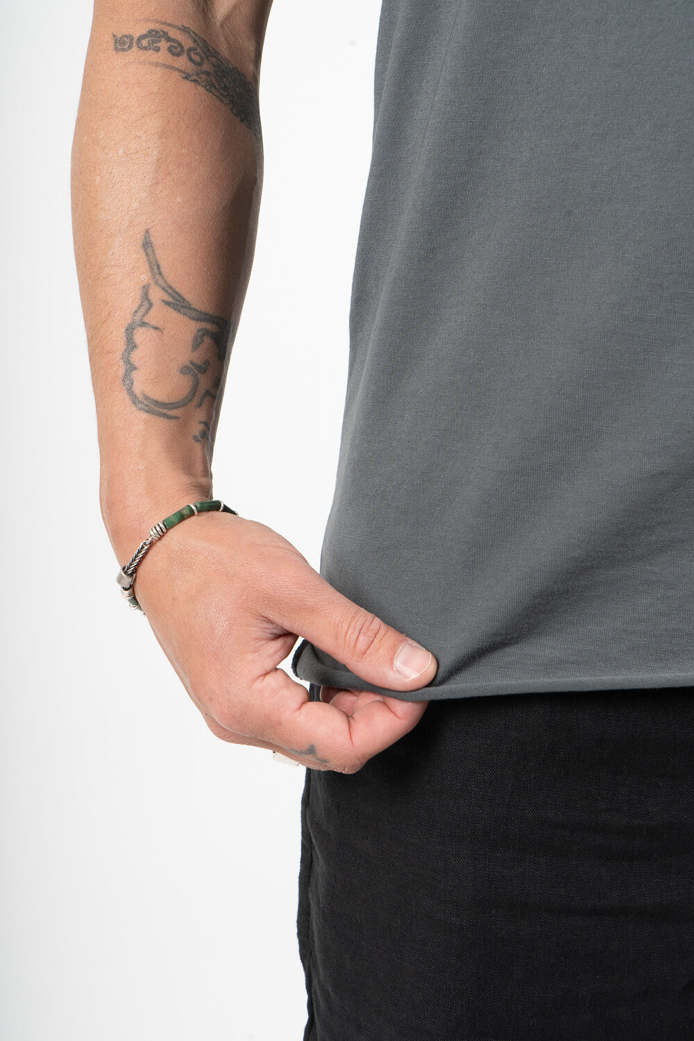 Raw-Cut Hems Cotton Jersey T-Shirt W/ Knitted Inserts Dark Grey