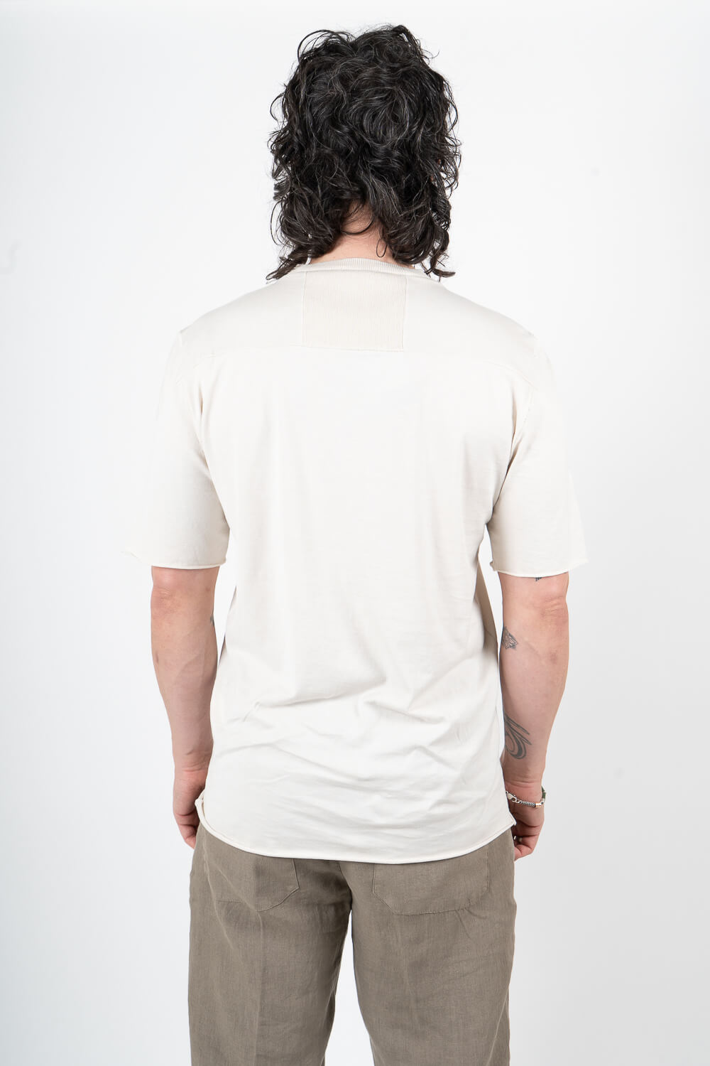Raw-Cut Hems Cotton Jersey T-Shirt W/ Knitted Inserts Stone