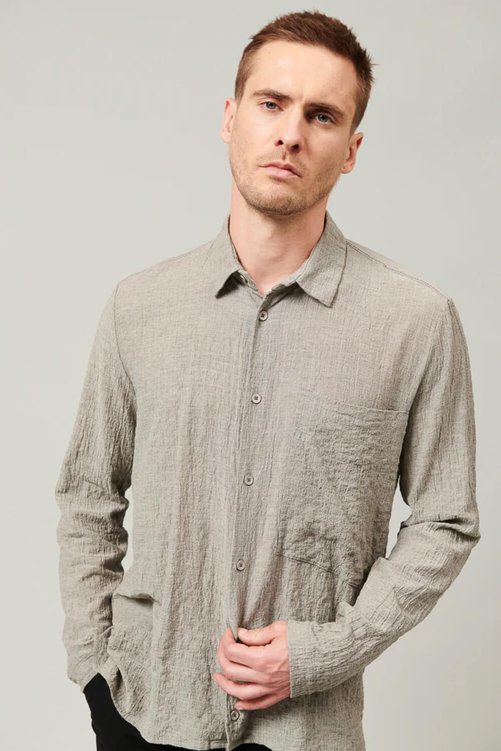 Regular Fit Cotton/Wool Embossed Viscose Shirt Steel