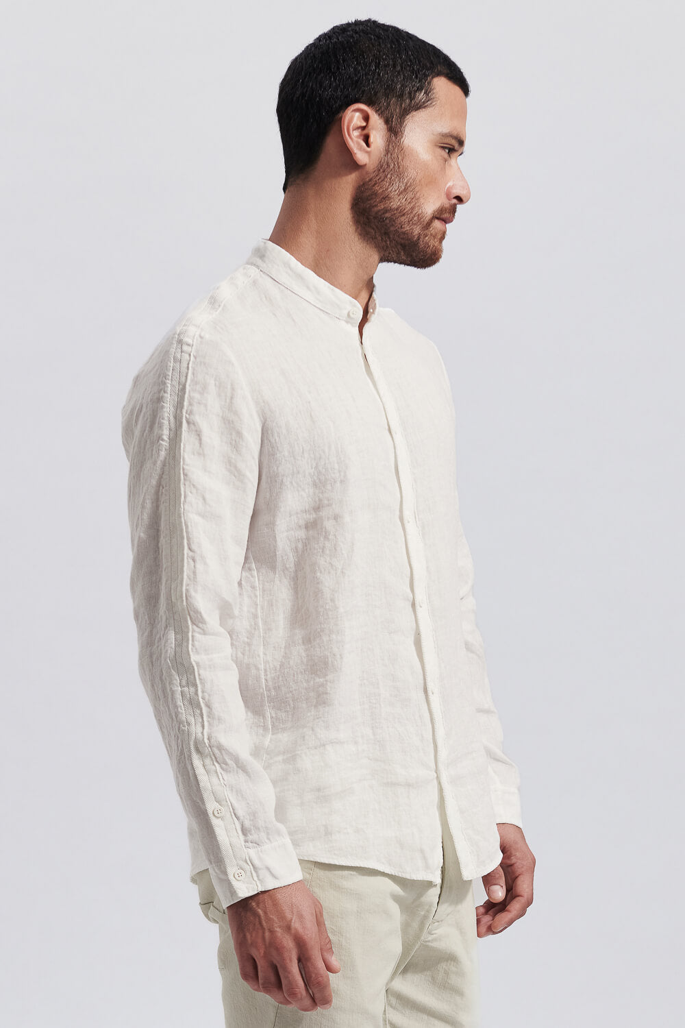 Regular Fit Mandarin Collar Shirt W/ Knitted Inserts Beige