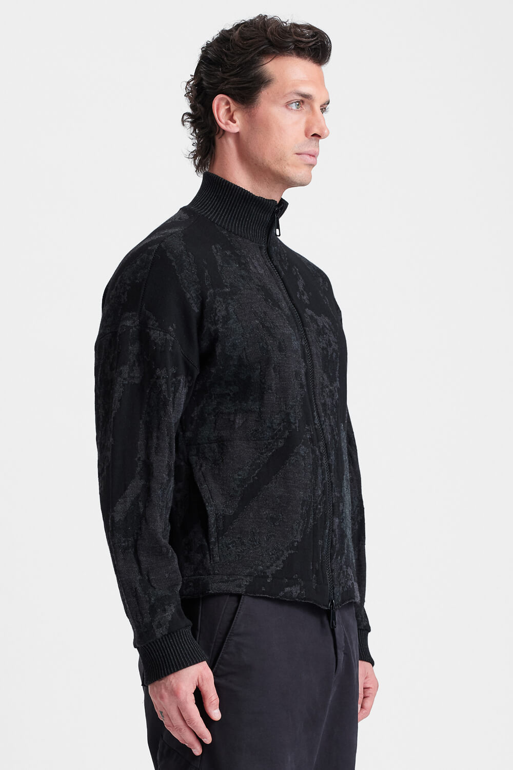 Relaxed-Fit Wool/Viscose Jacquard Zip-Up Jacket Black
