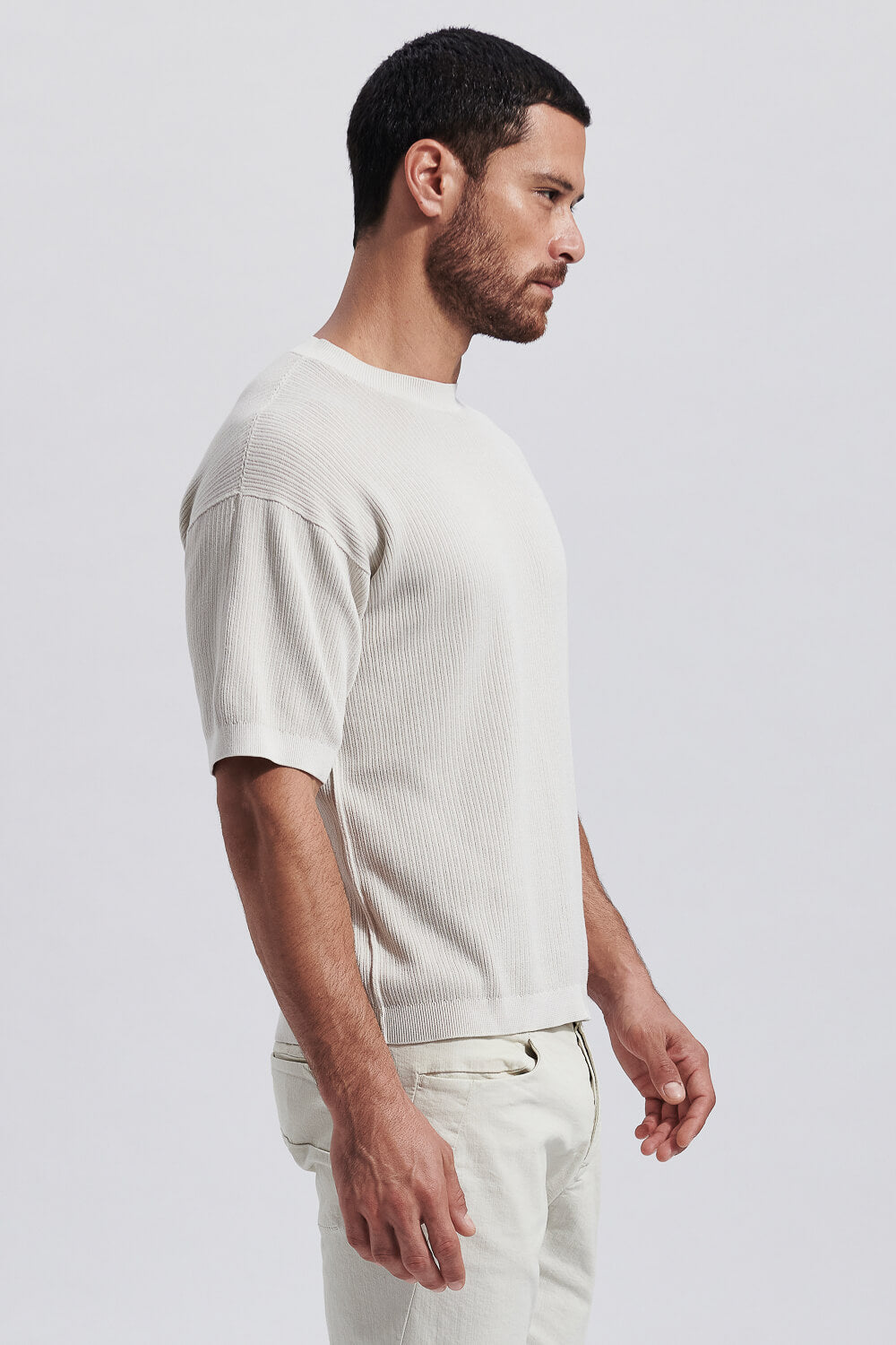 Relaxed Fit Ribbed Round Neck T-Shirt Beige