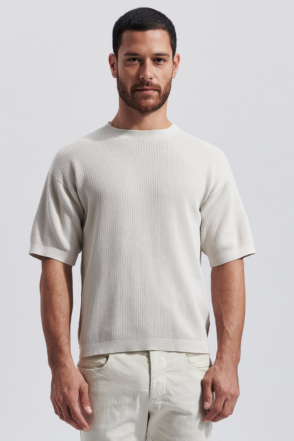 Relaxed Fit Ribbed Round Neck T-Shirt Beige