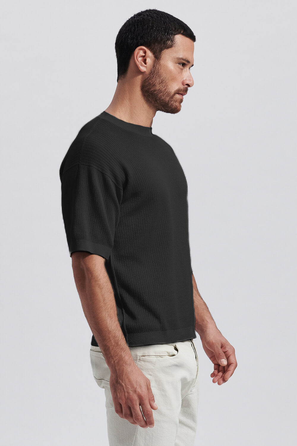 Relaxed Fit Ribbed Round Neck T-Shirt Black