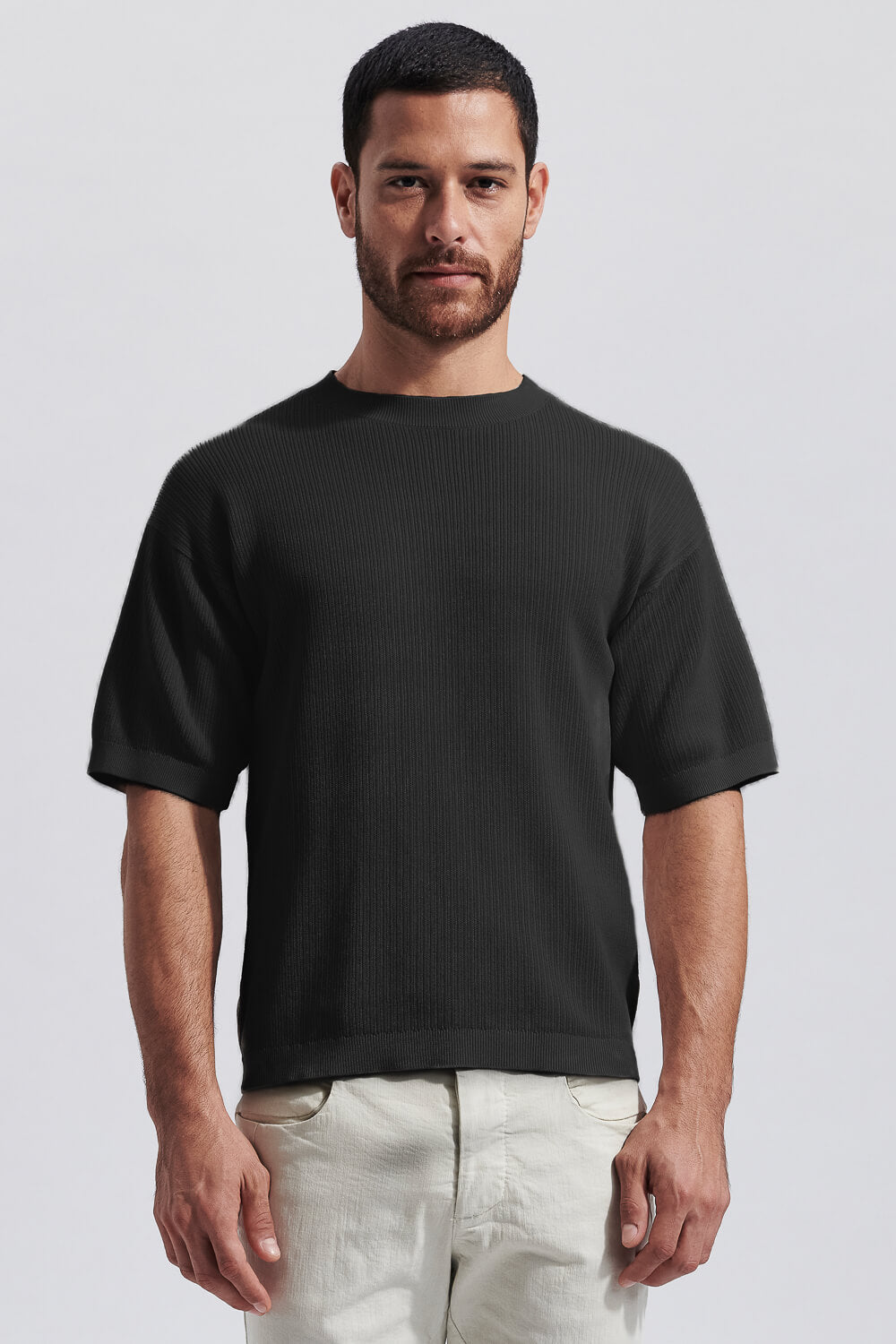 Relaxed Fit Ribbed Round Neck T-Shirt Black