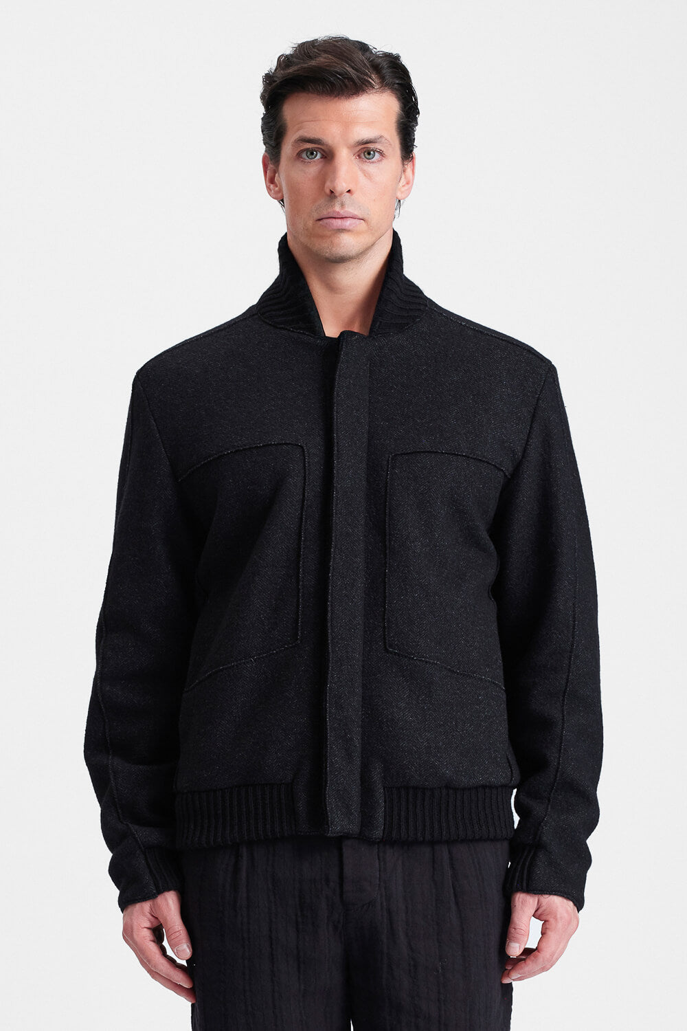Reversible Water-Repellent Nylon & Herringbone Wool Jacket Black