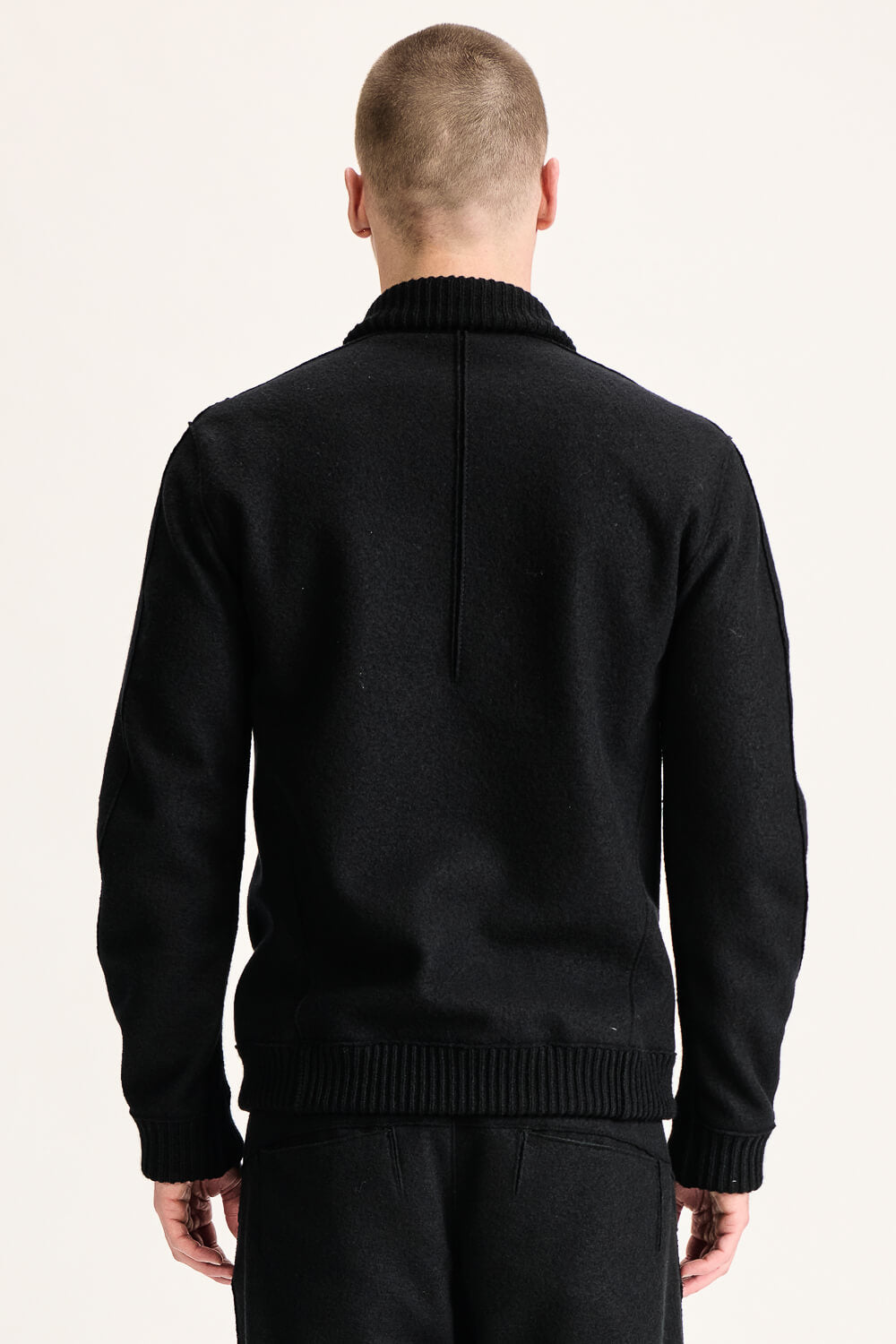 Ribbed Collar Inserts Raw-Cut Virgin Wool Jacket Black