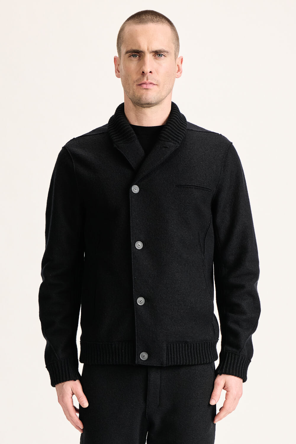 Ribbed Collar Inserts Raw-Cut Virgin Wool Jacket Black