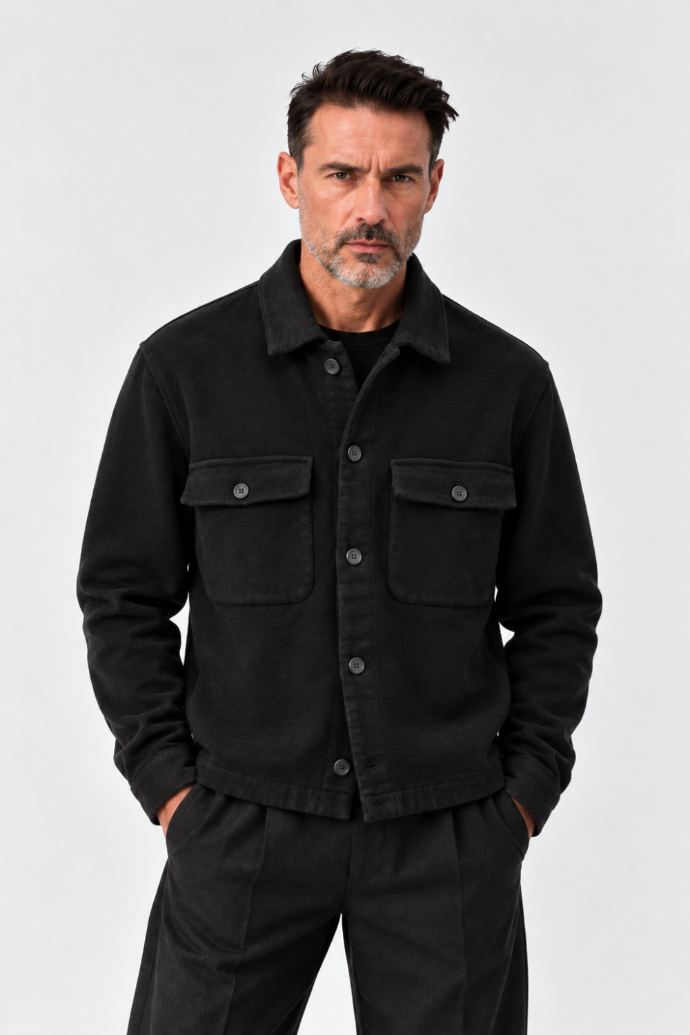 Heavy Knitted Cotton Button-Up Overshirt/Jacket Black