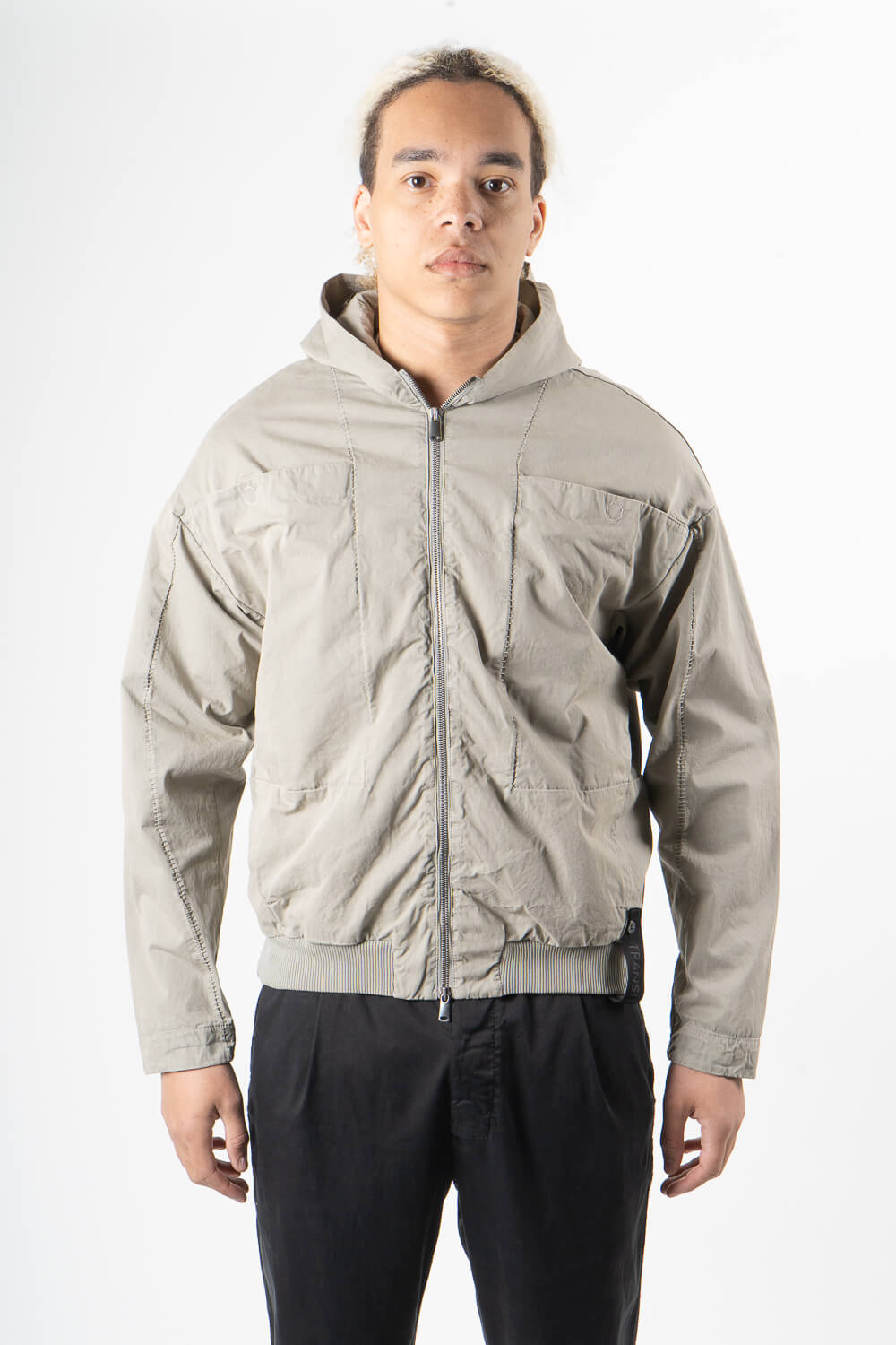 Stitch Detail Zip-Up Hooded Jacket Dark Sand