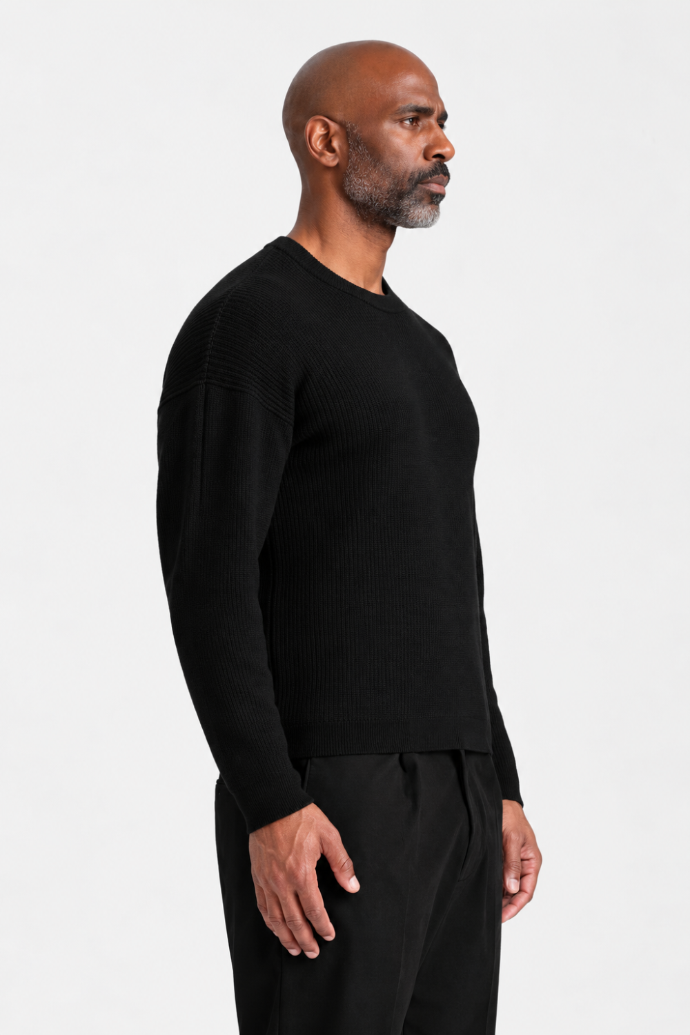 Neck Stitch Detail Ribbed Jumper in Virgin Wool Black