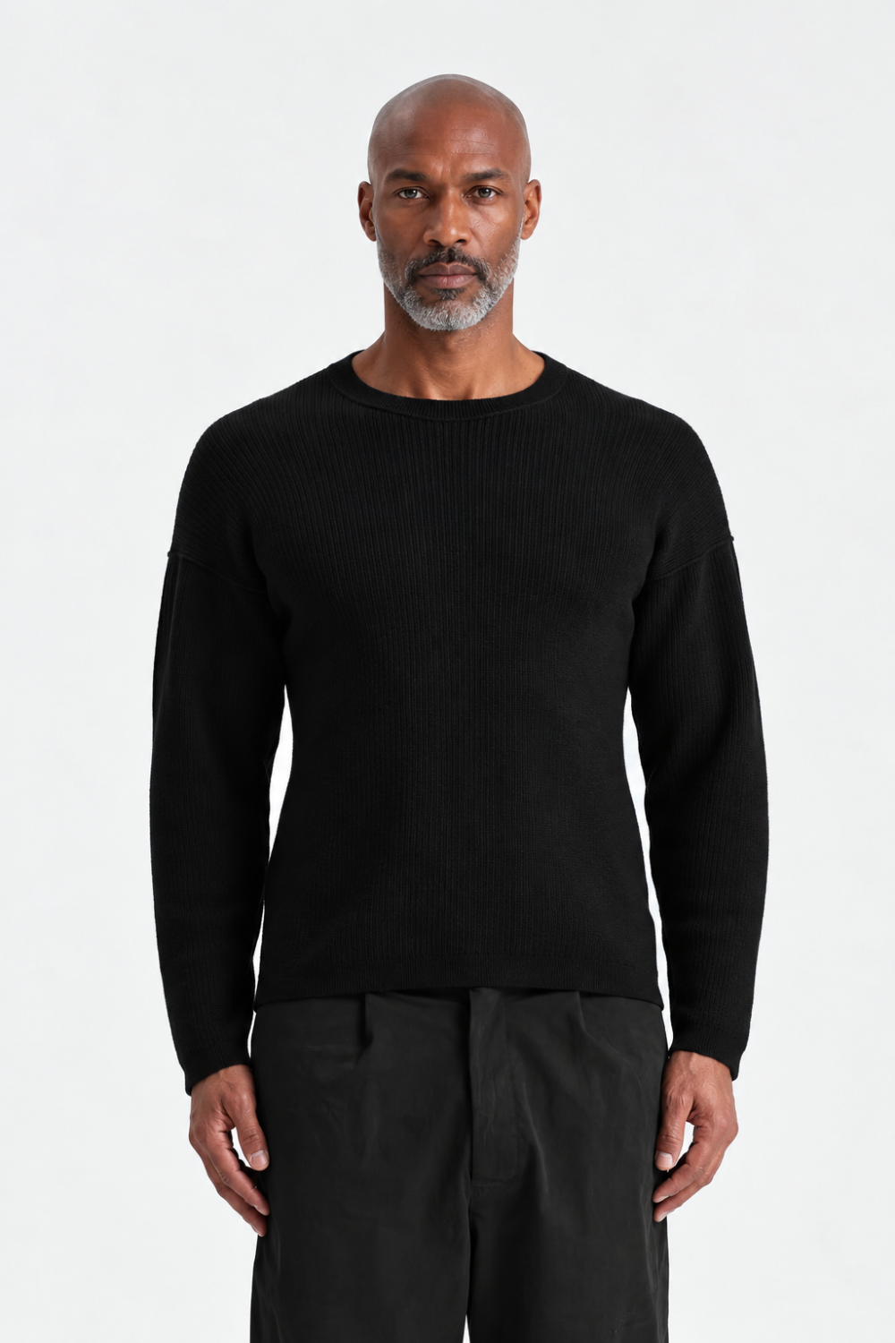 Neck Stitch Detail Ribbed Jumper in Virgin Wool Black