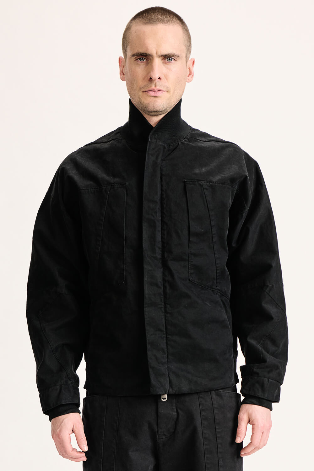 Stretch Cotton Bomber Jacket W/ Knitted Inserts Black