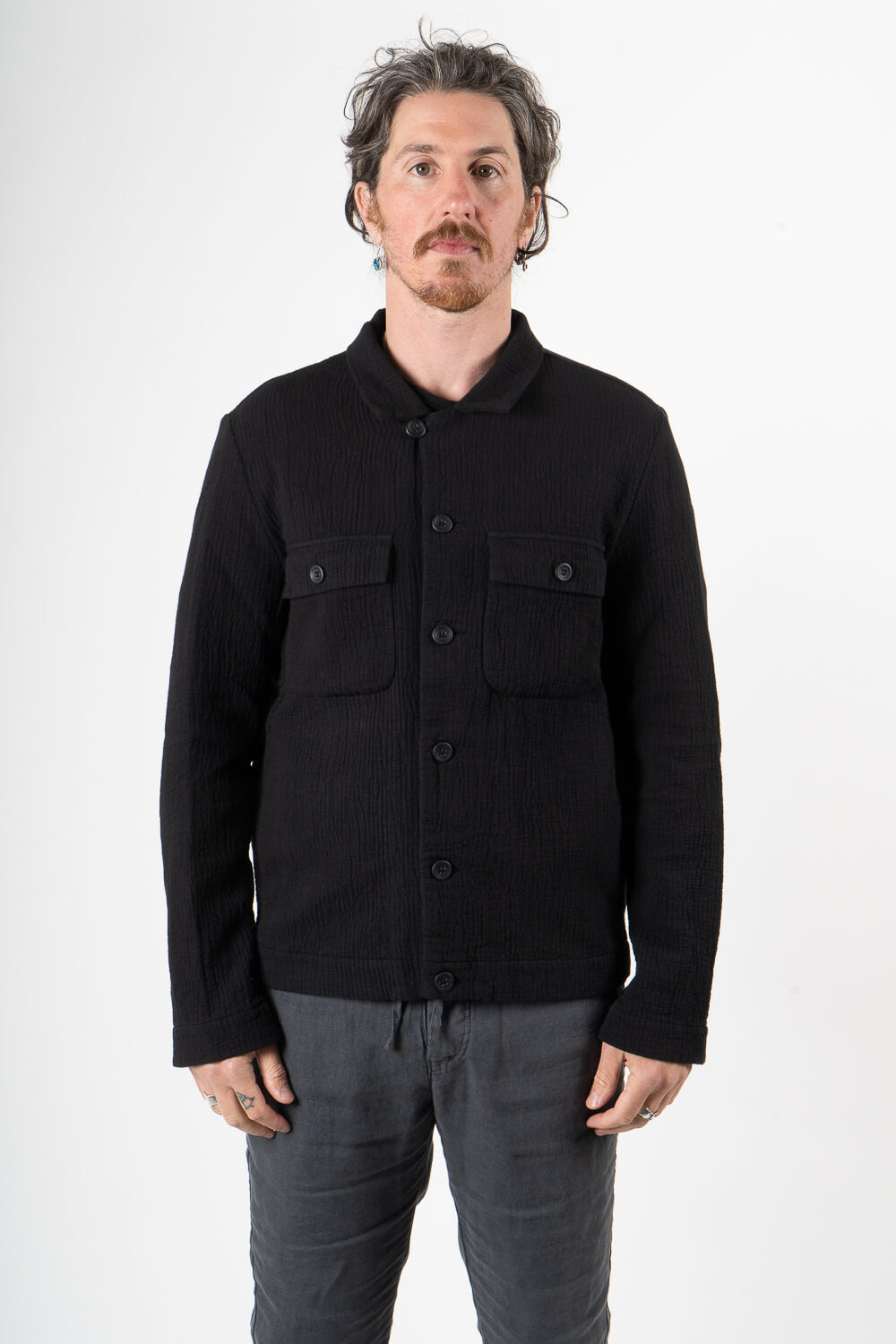 Textured Cotton Design Overshirt Black