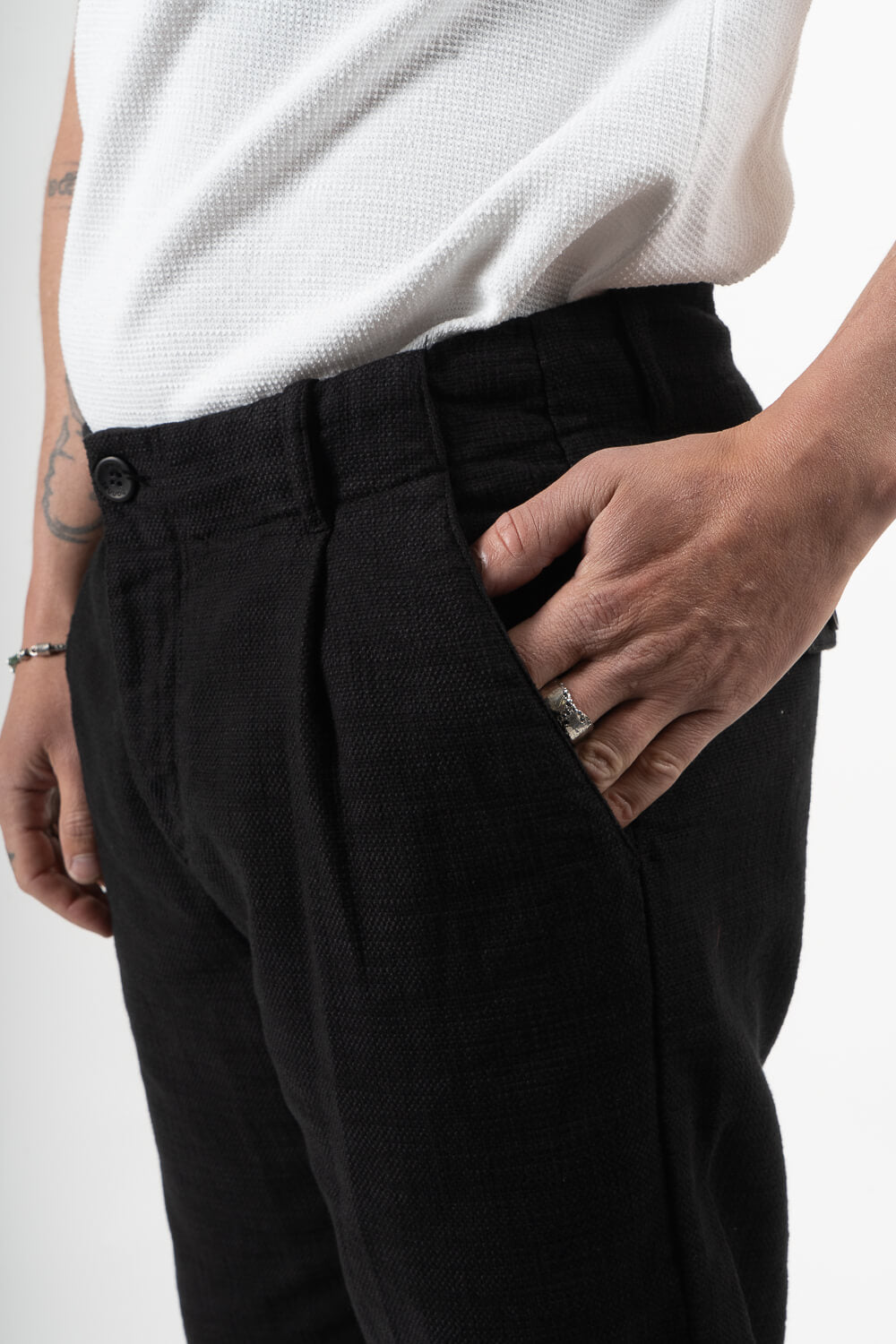 Textured Cotton Trousers Black