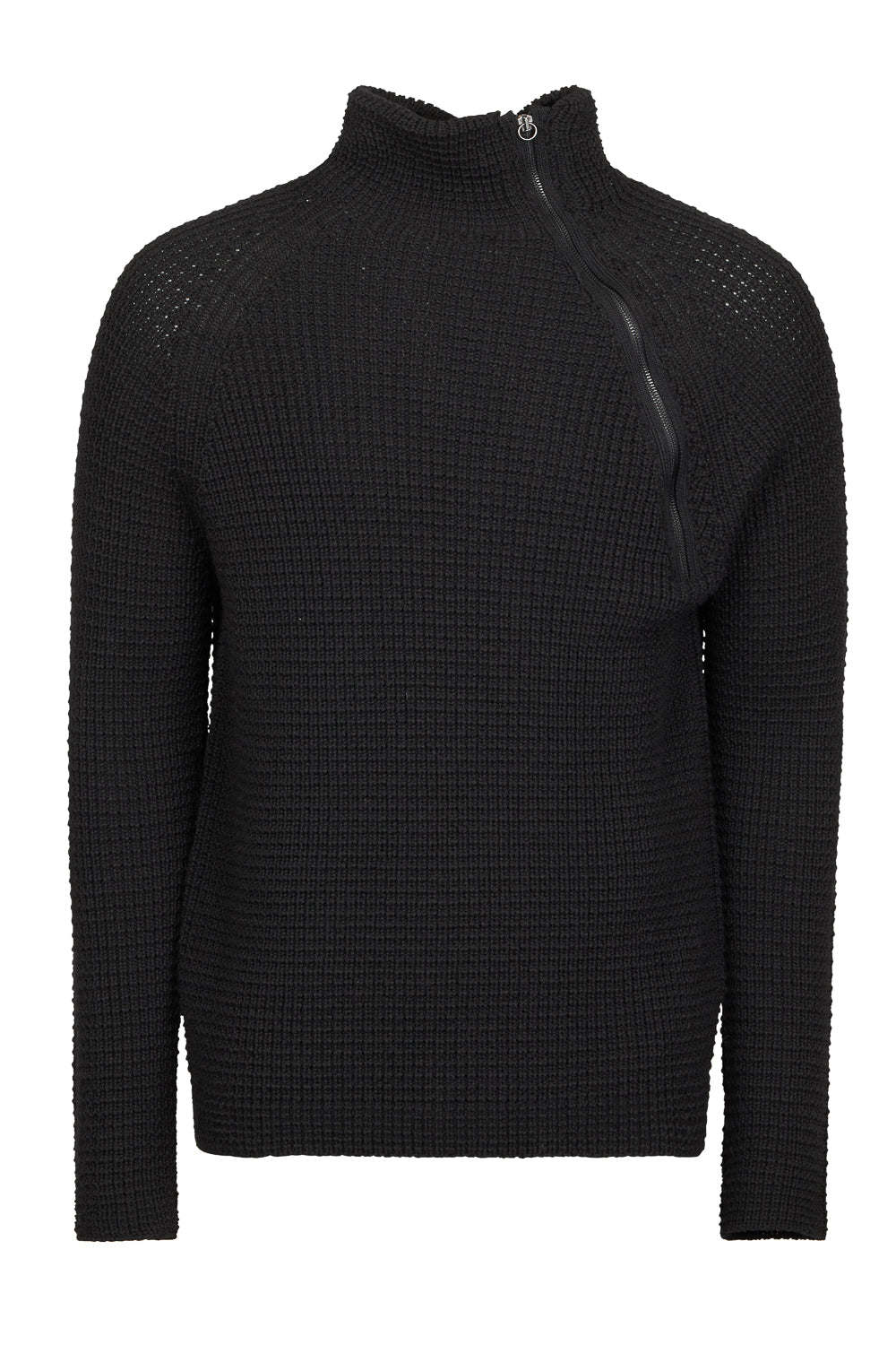 Textured Rib Lana Wool Half Zip Funnel Neck Jumper Black