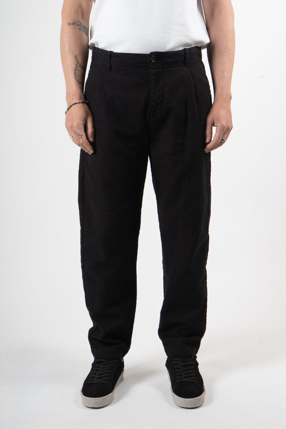 Textured Cotton Trousers Black