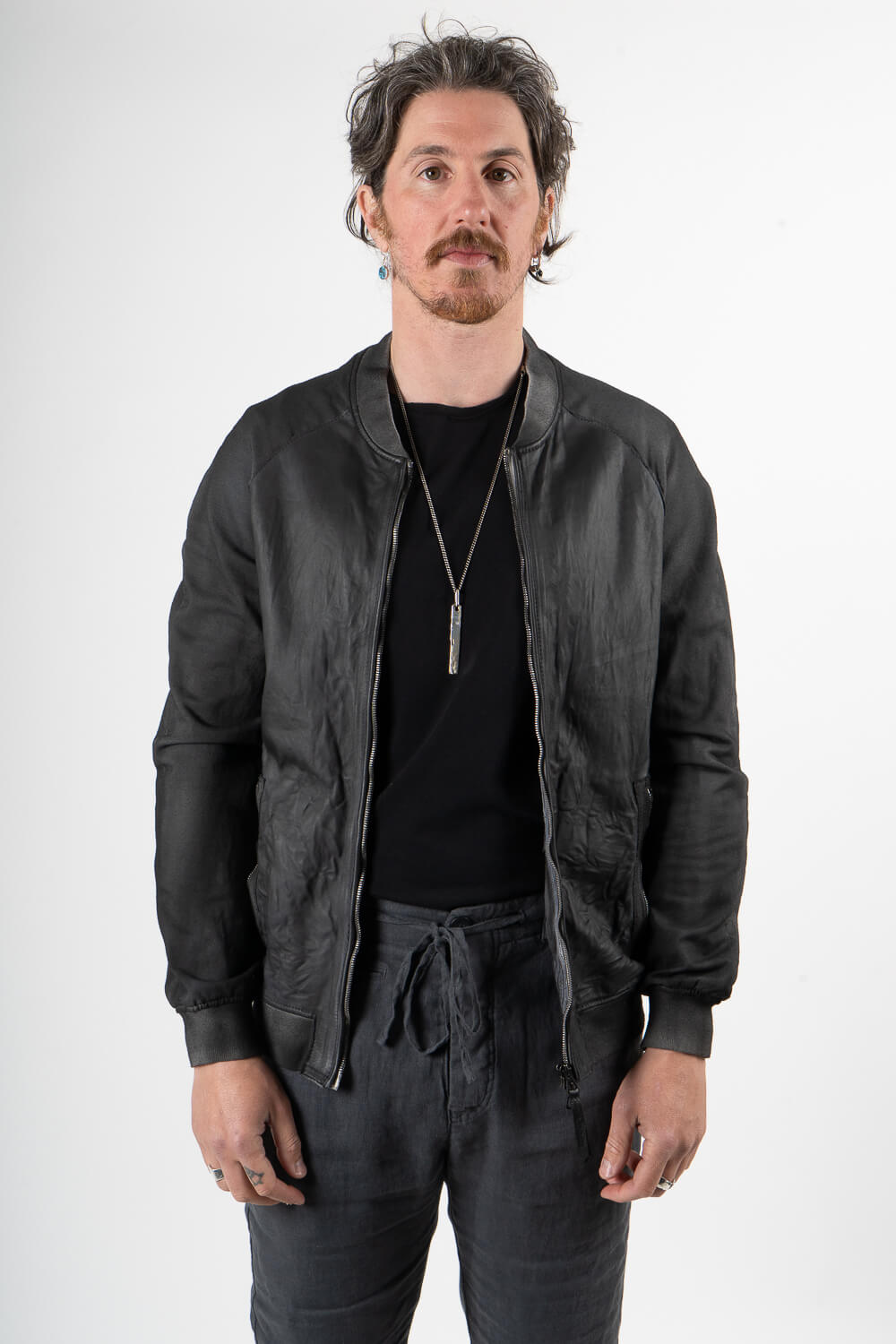 Tuscan Cold-Dye Effect Leather Jacket W/ Jersey Cotton Arms Blue/Black