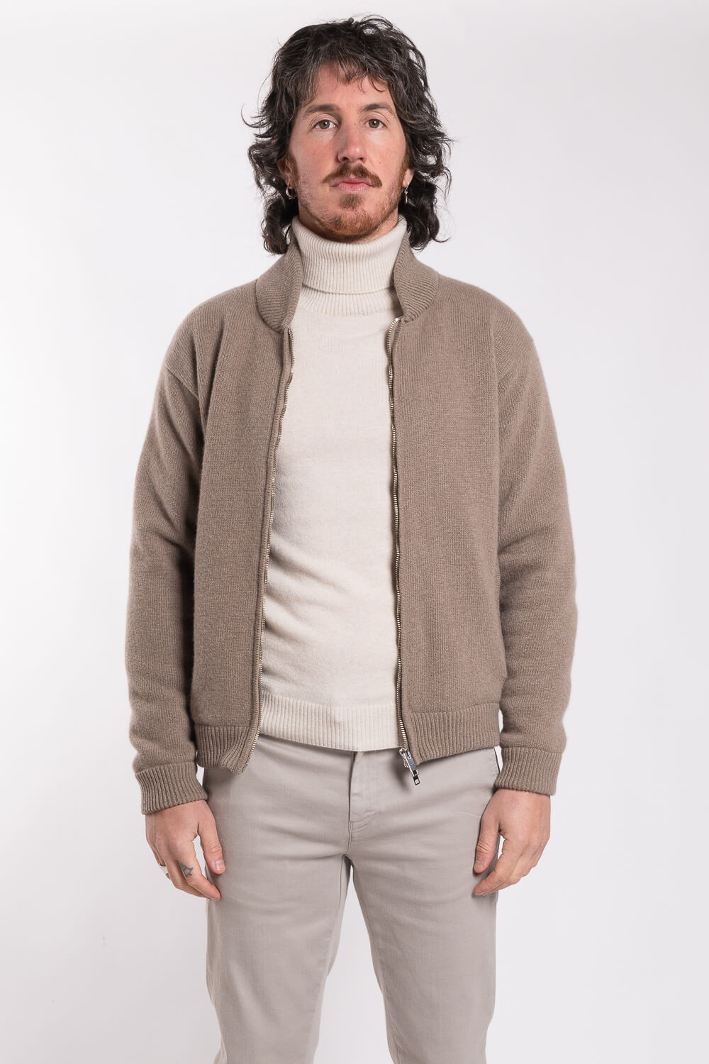 Ultra Fine Lana Merino Wool Zip-Up Bomber Jacket Dark Sand