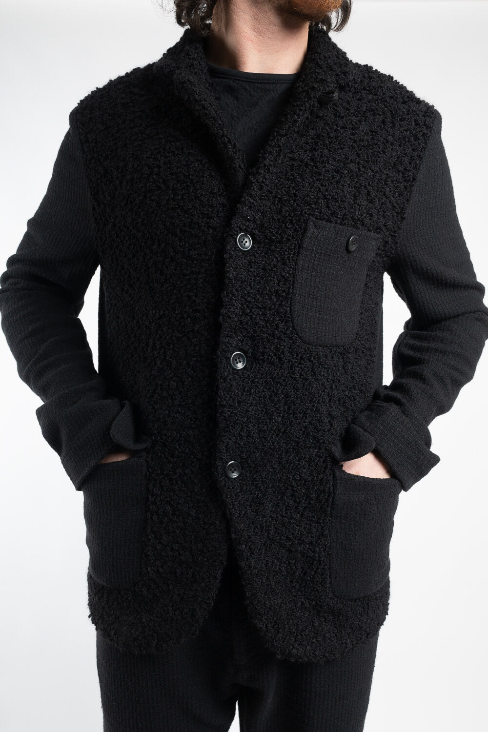 Virgin Wool Blend Textured Front Pocket Blazer/Jacket Black