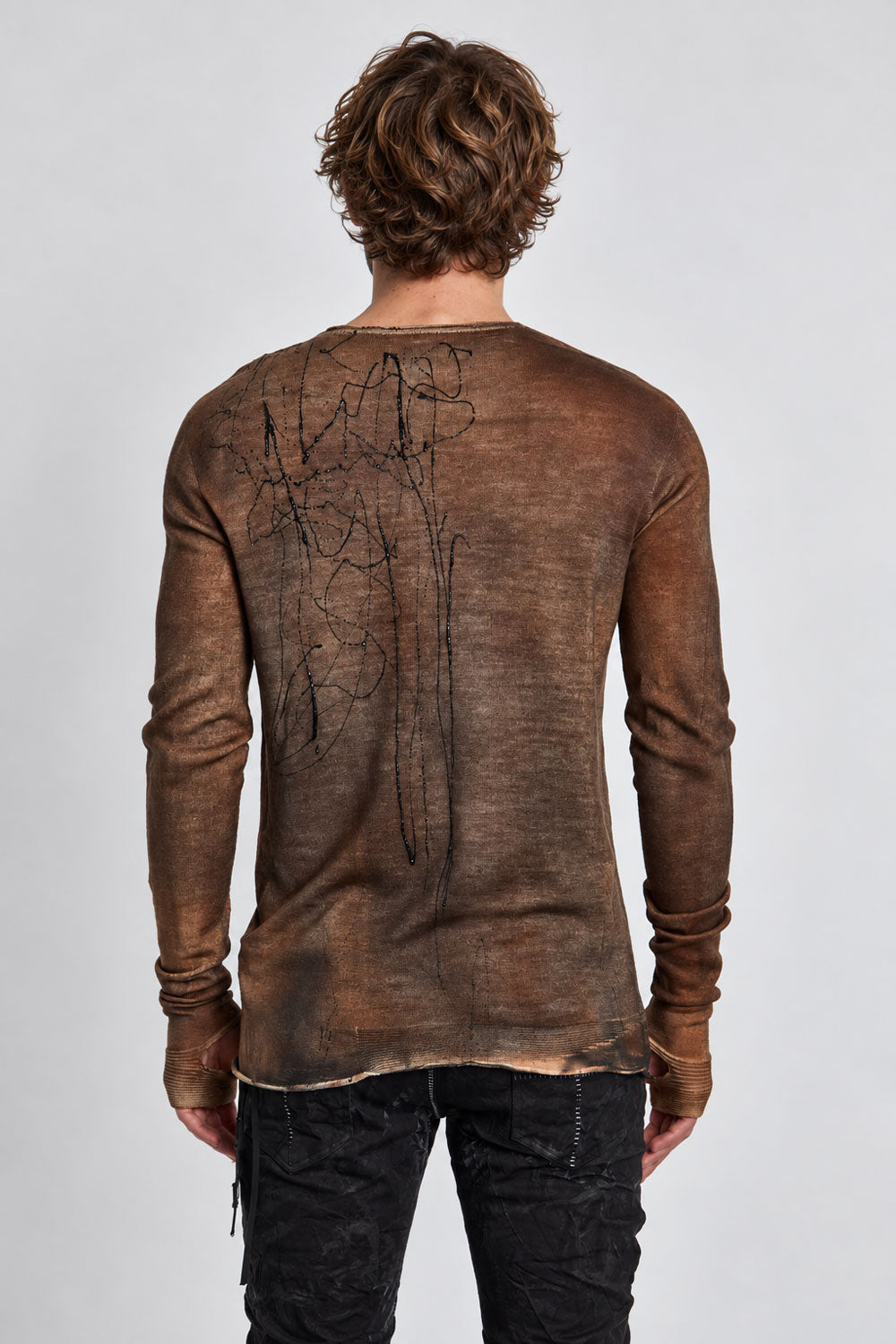 Washed Knit Jumper W/ Abstract Paint Detail Brown