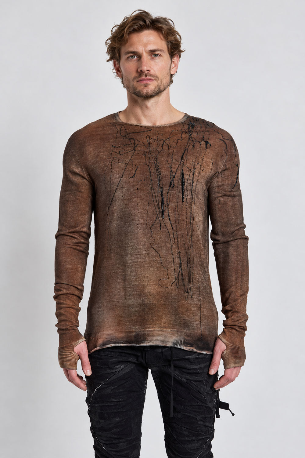 Washed Knit Jumper W/ Abstract Paint Detail Brown